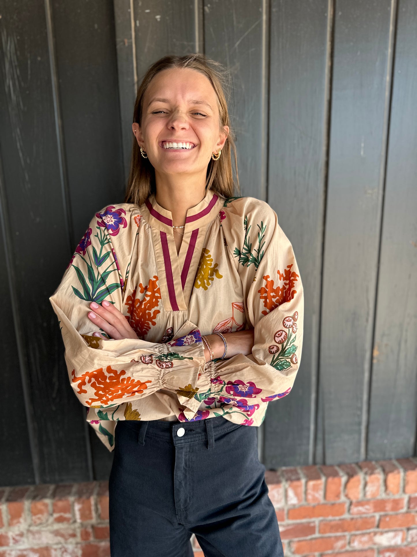 Tan Floral V Neck Top