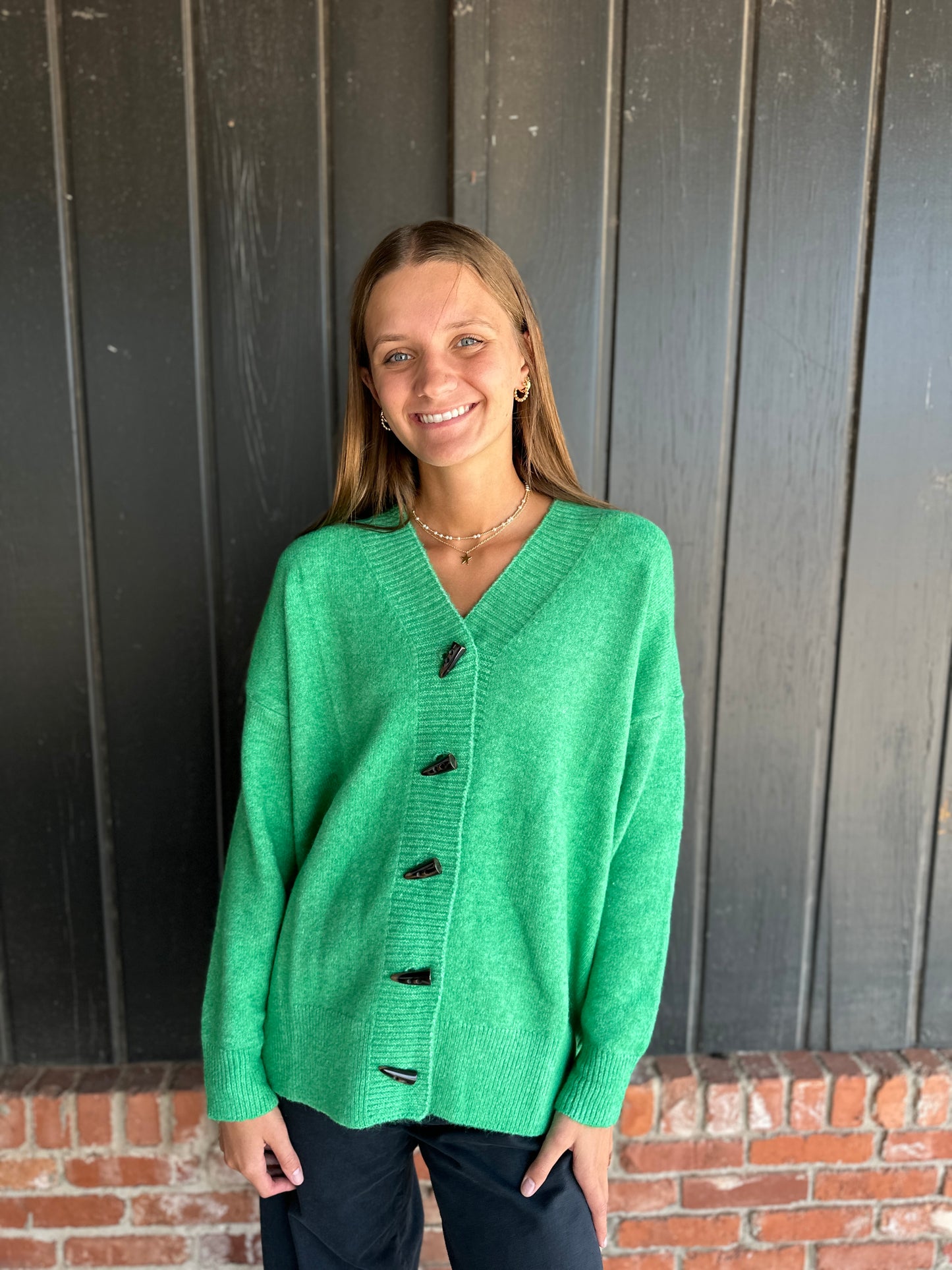 Green Brushed toggle button sweater cardigan