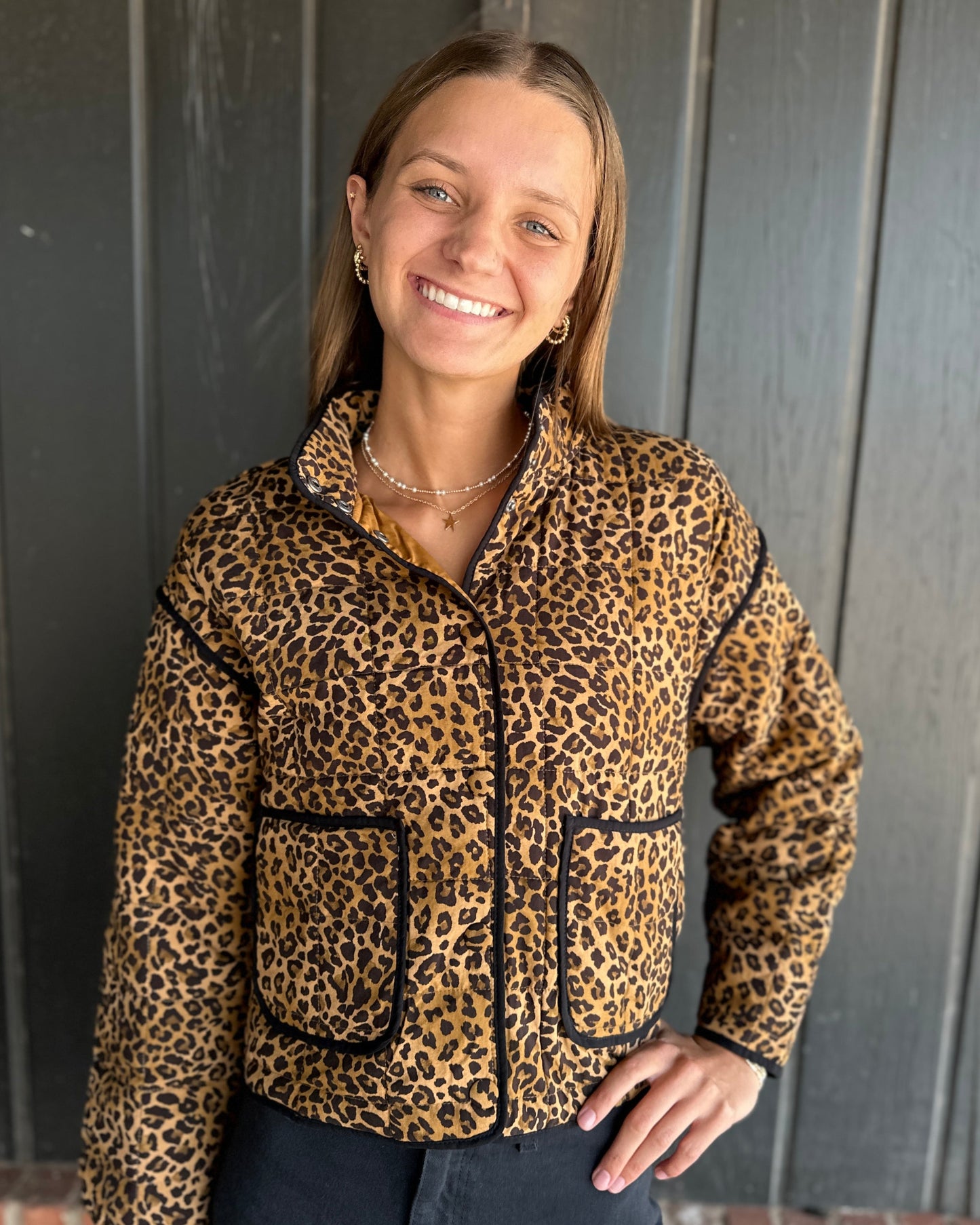 Quilted Leopard Button Down Puffer Jacket