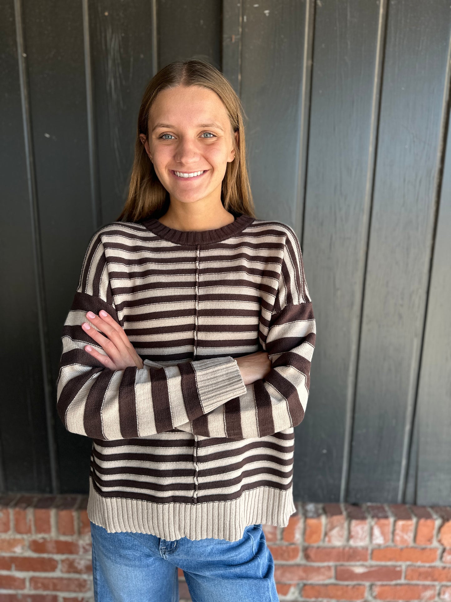 Brown Striped Crewneck Sweater