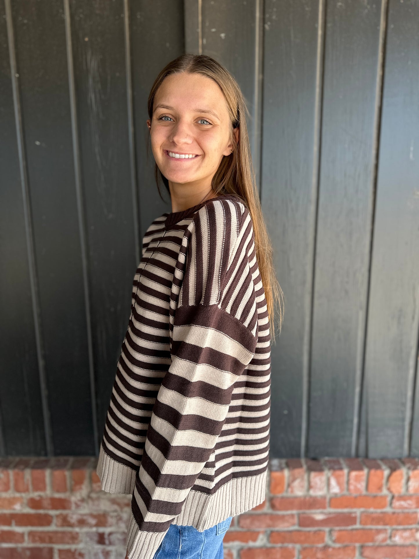 Brown Striped Crewneck Sweater