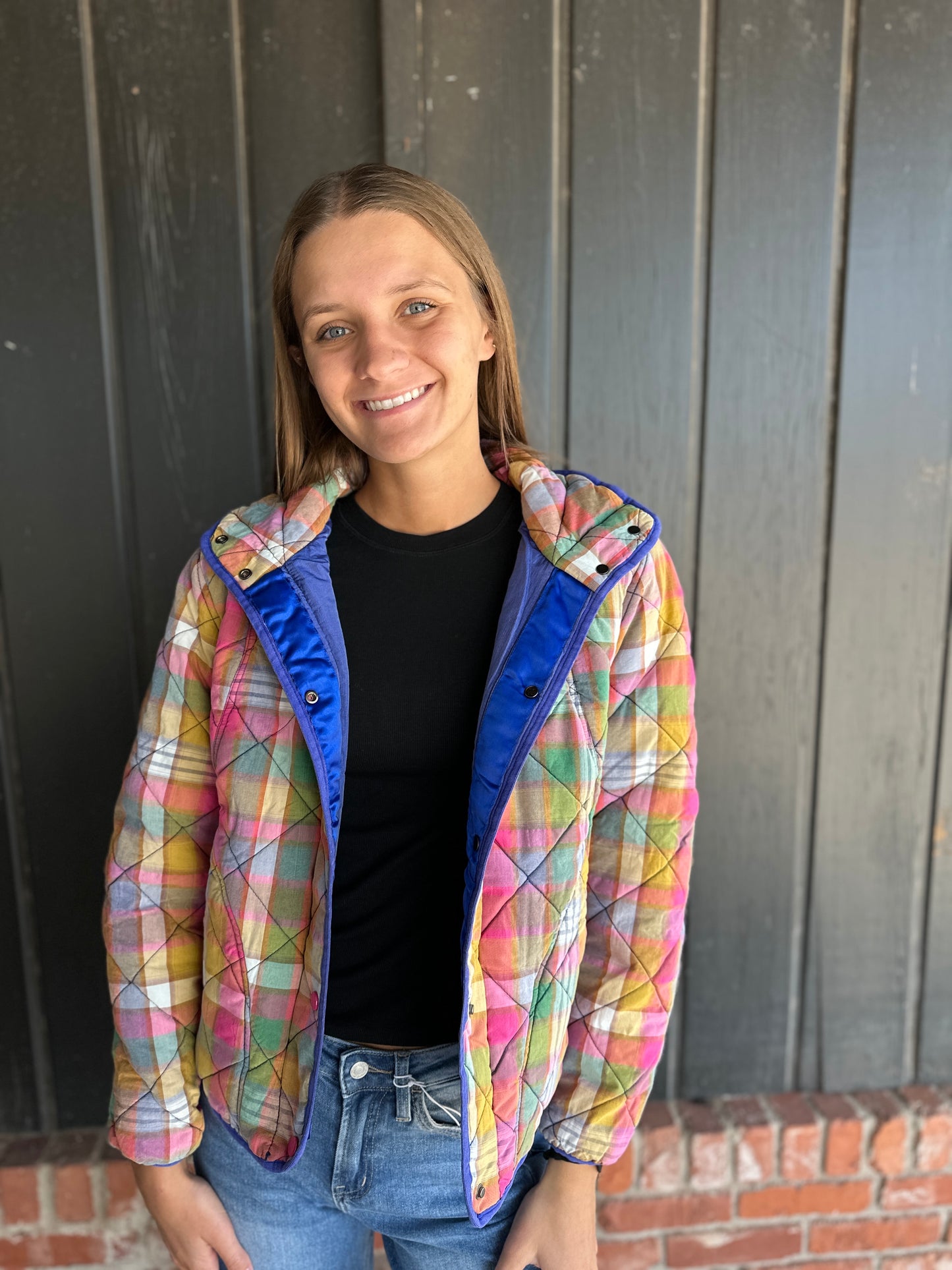 Bleached Vintage Plaid Quilted Jacket With Pockets