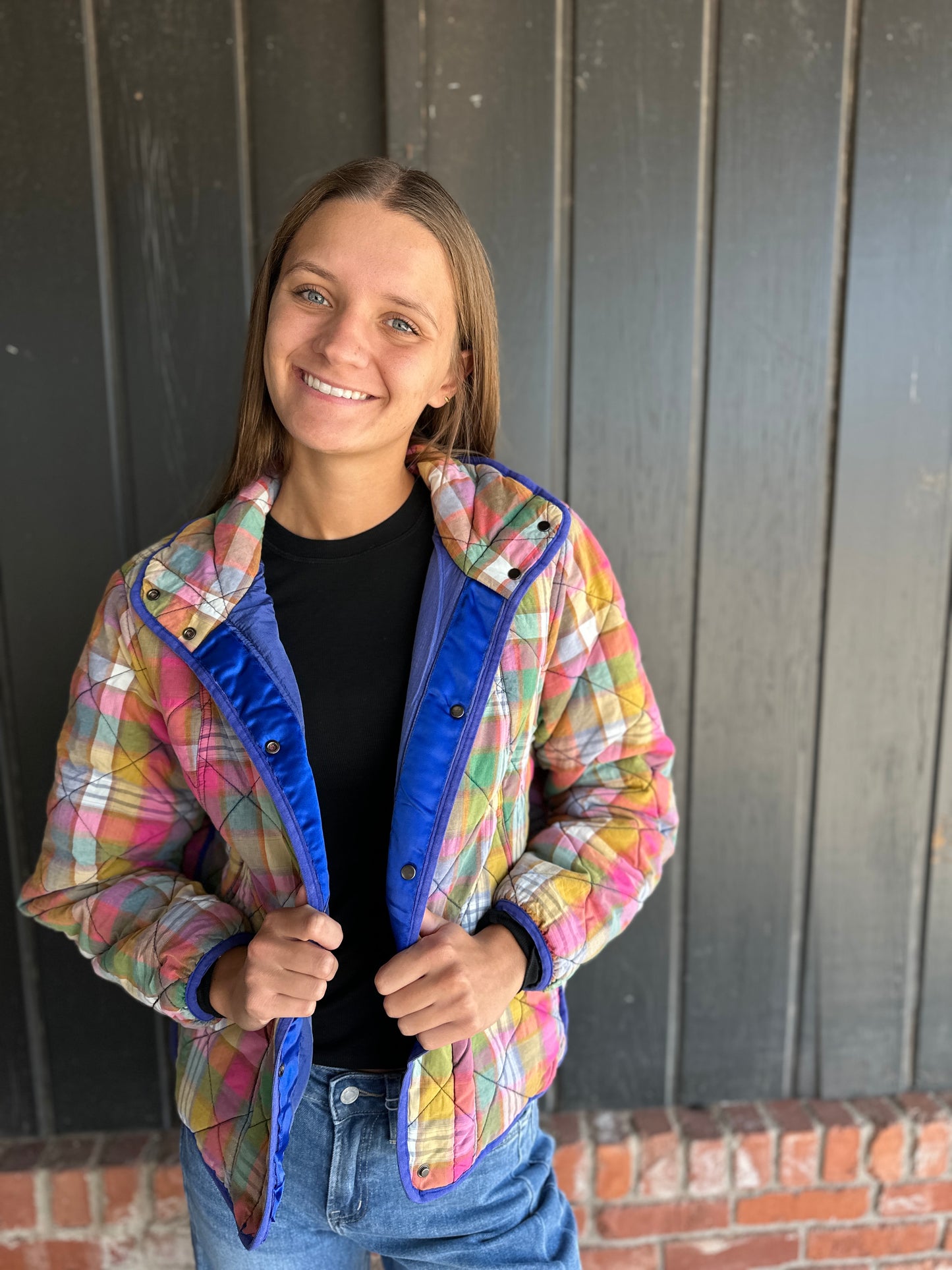 Bleached Vintage Plaid Quilted Jacket With Pockets
