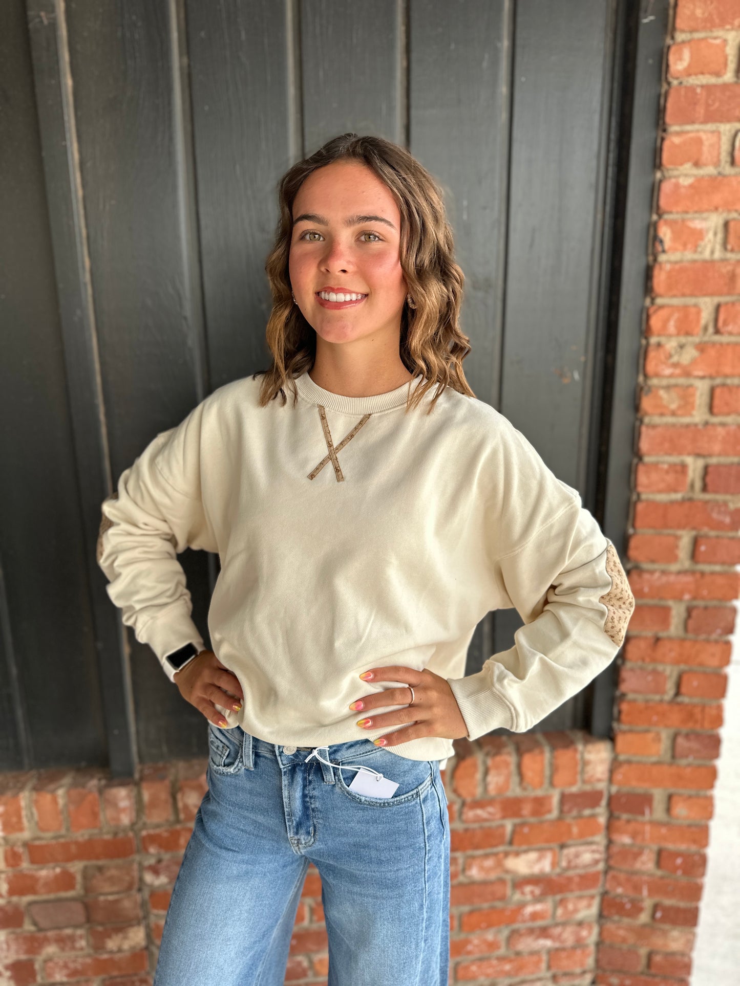 Floral Elbow Patch Contrast Pullover