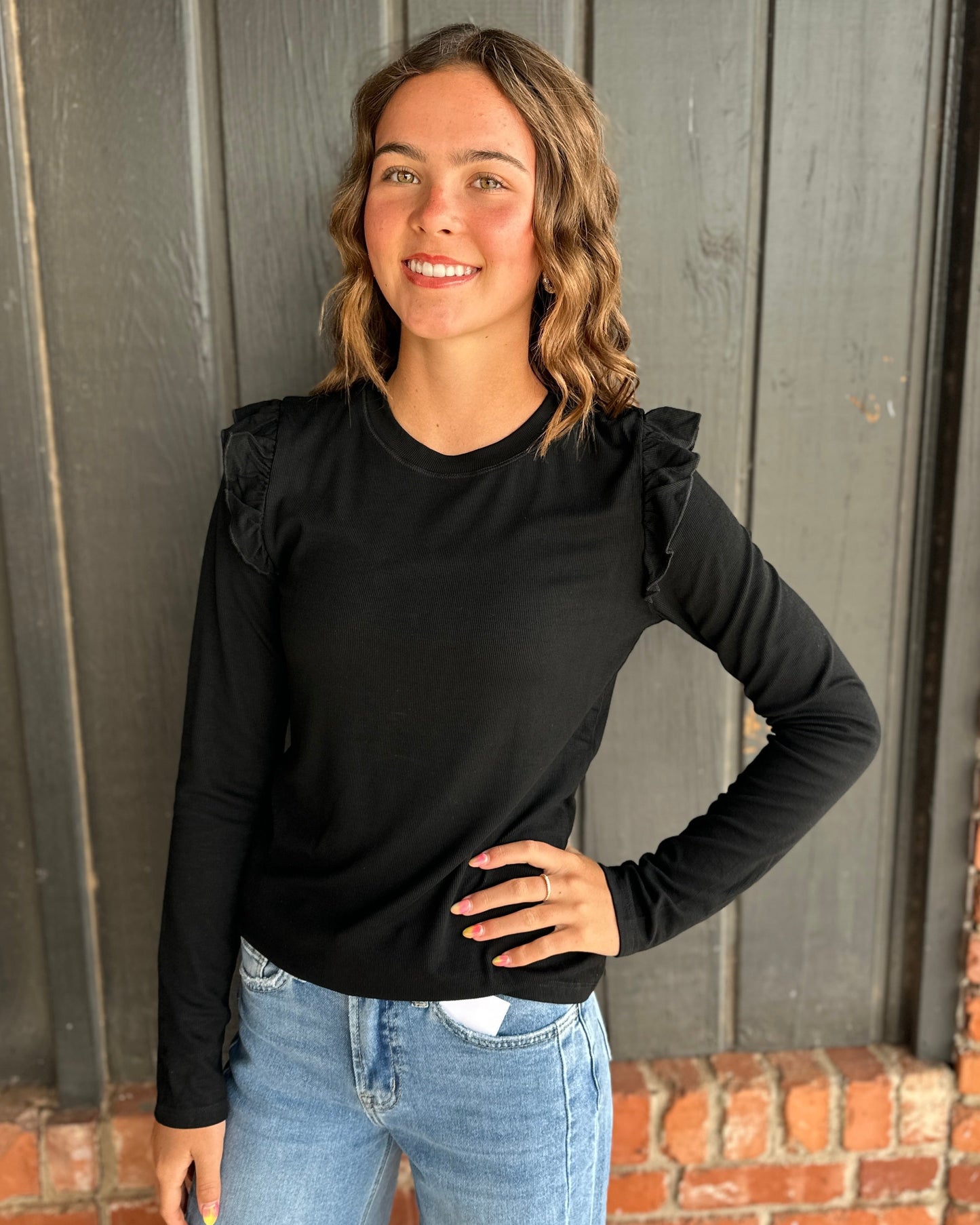 Black Ruffle Detail Knit Top