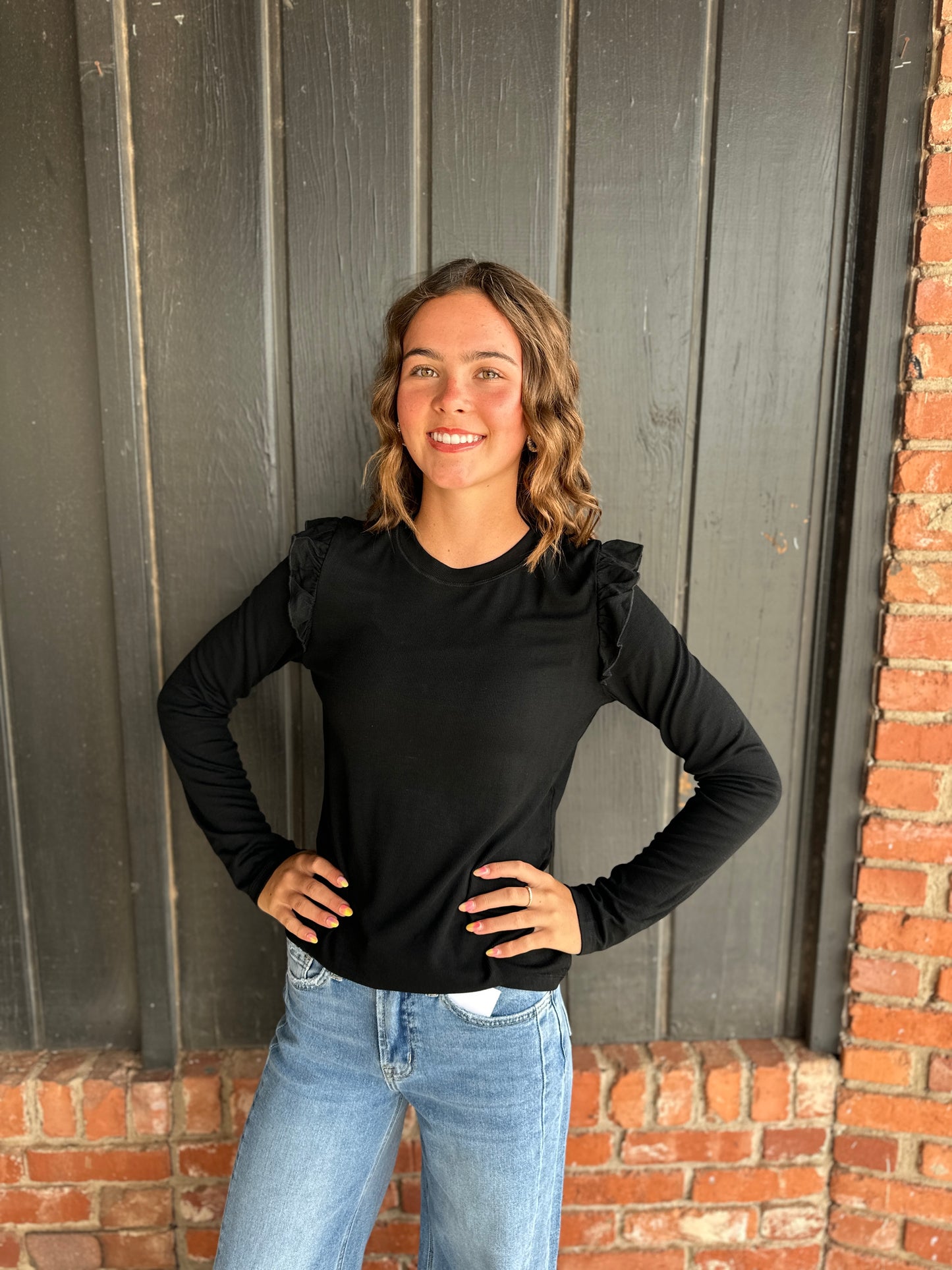 Black Ruffle Detail Knit Top