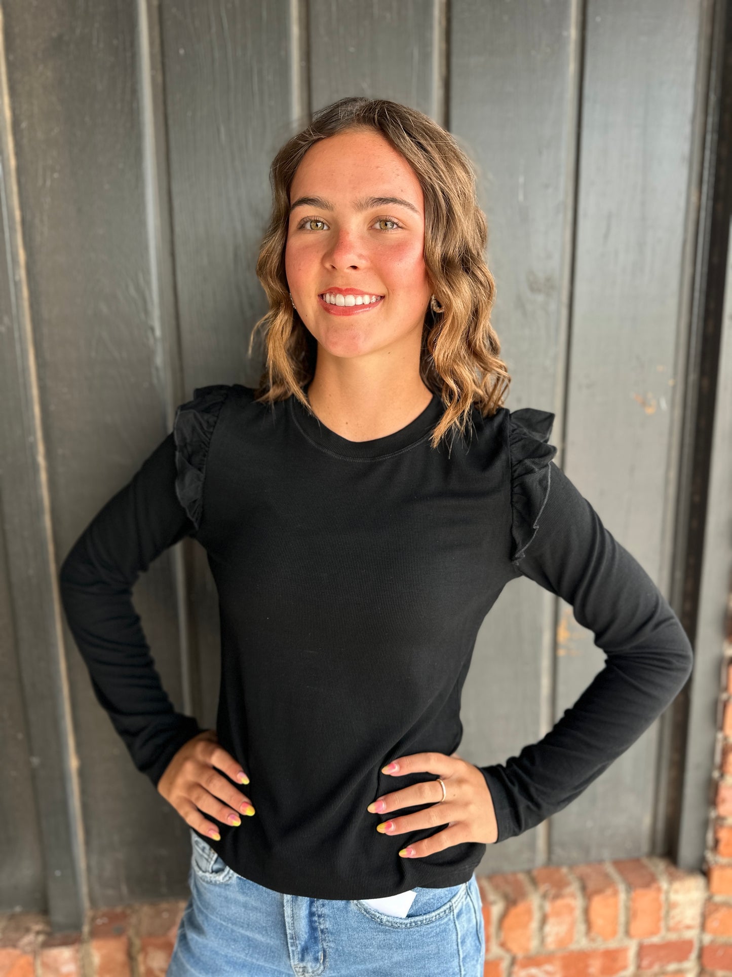 Black Ruffle Detail Knit Top