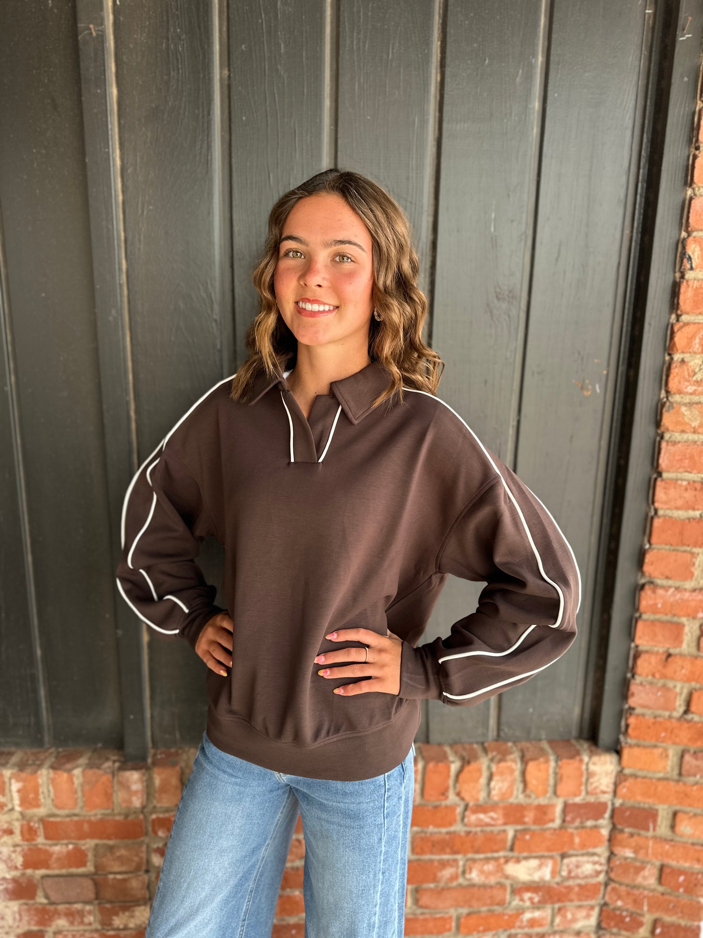Brown Modal Scuba Piping Quarter Zip Pullover