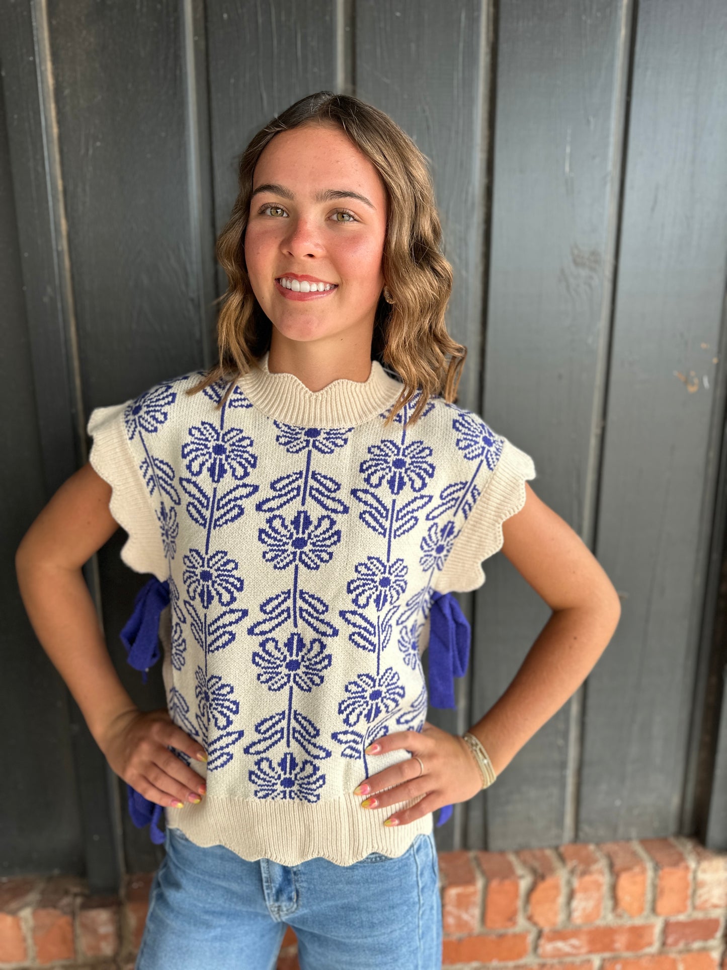 Mock Neck Royal Blue Floral Sweater Vest