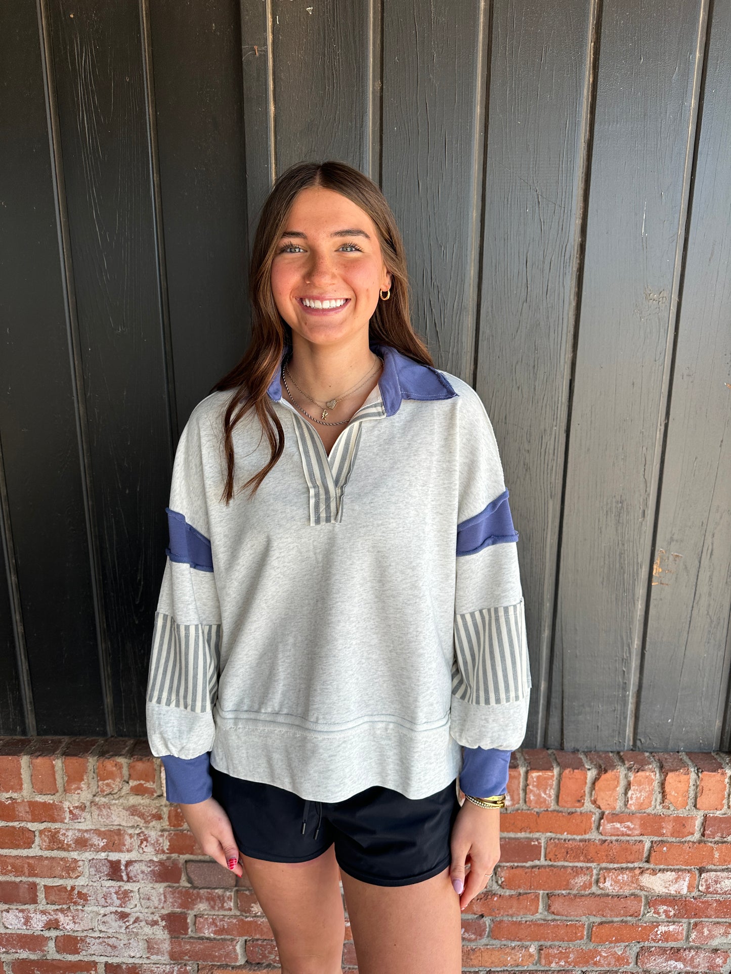 Blue and Gray Cut Edge Detail Stripe Block French Terry Pullover