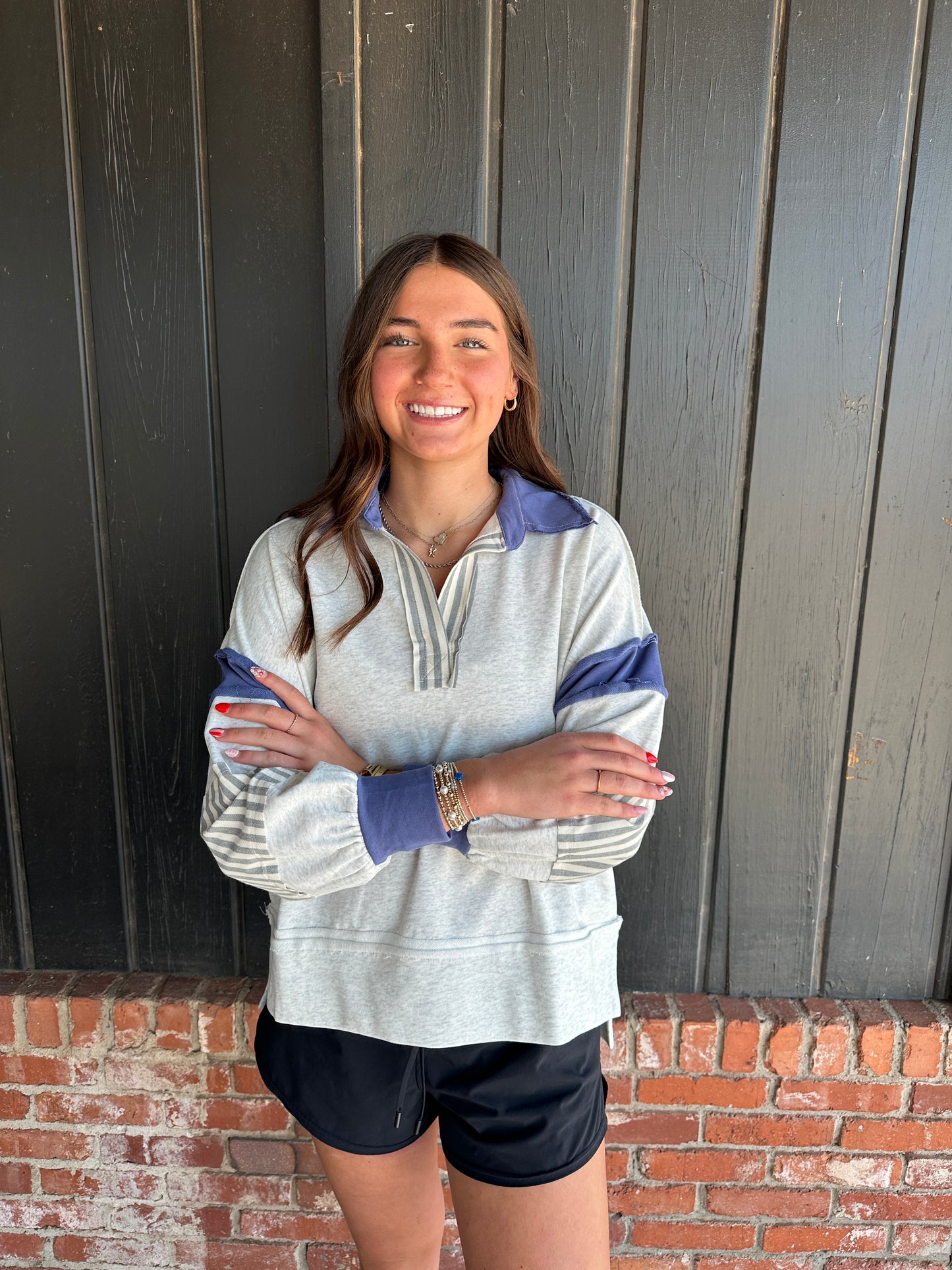 Blue and Gray Cut Edge Detail Stripe Block French Terry Pullover