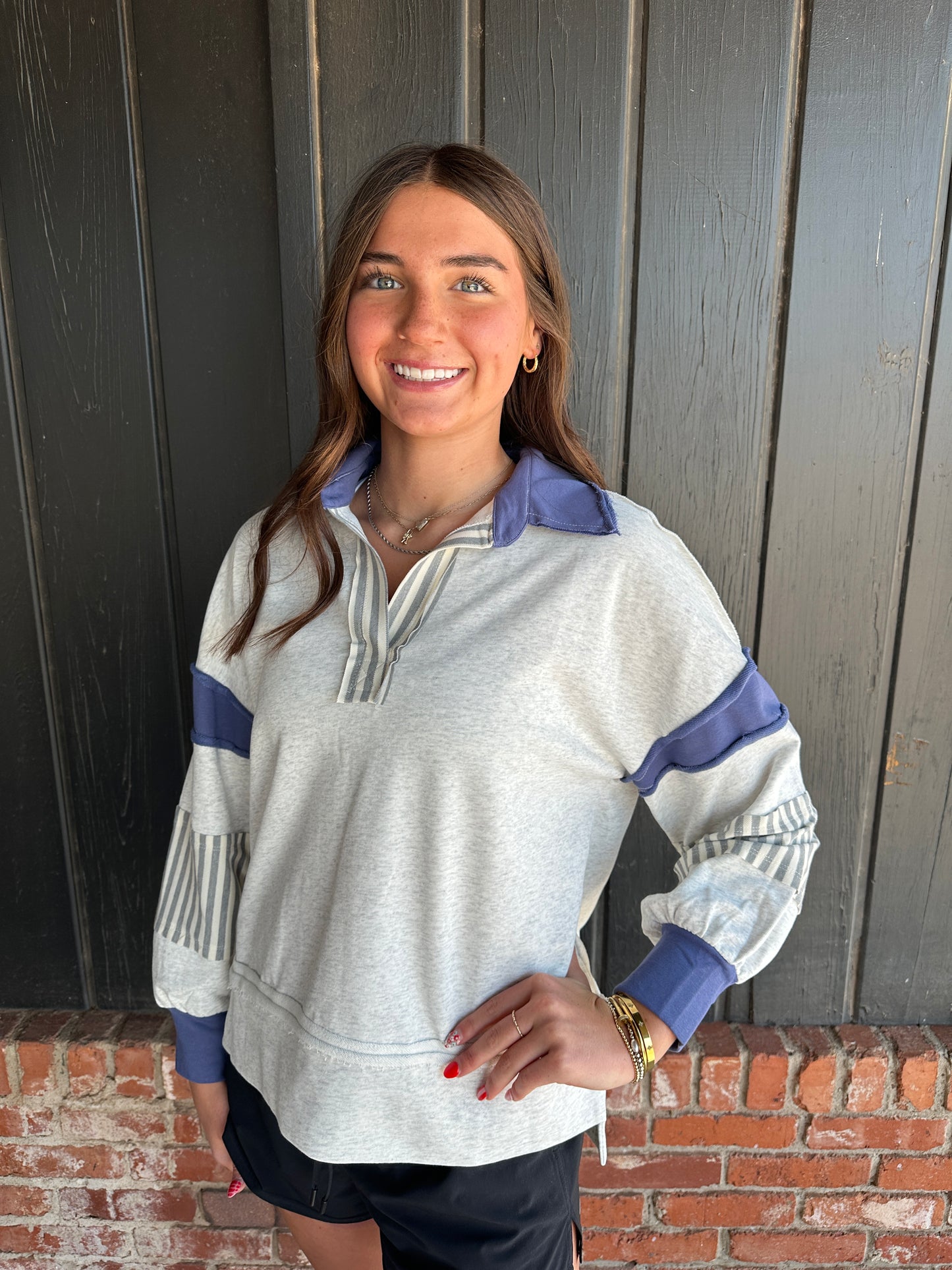 Blue and Gray Cut Edge Detail Stripe Block French Terry Pullover
