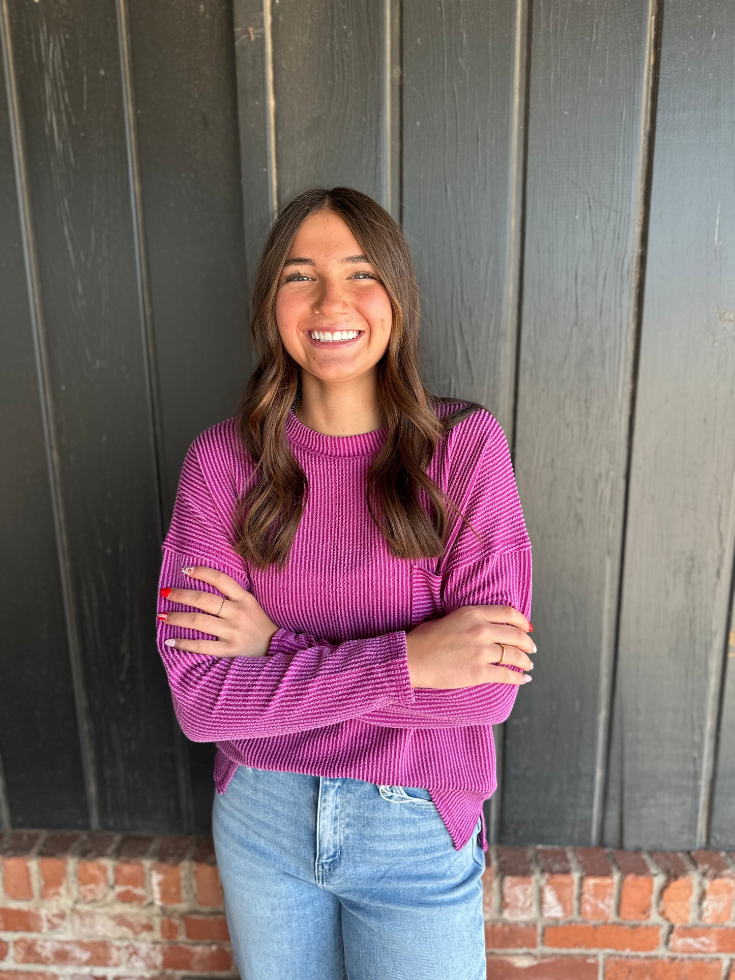 Plum Ribbed long sleeve pocket top