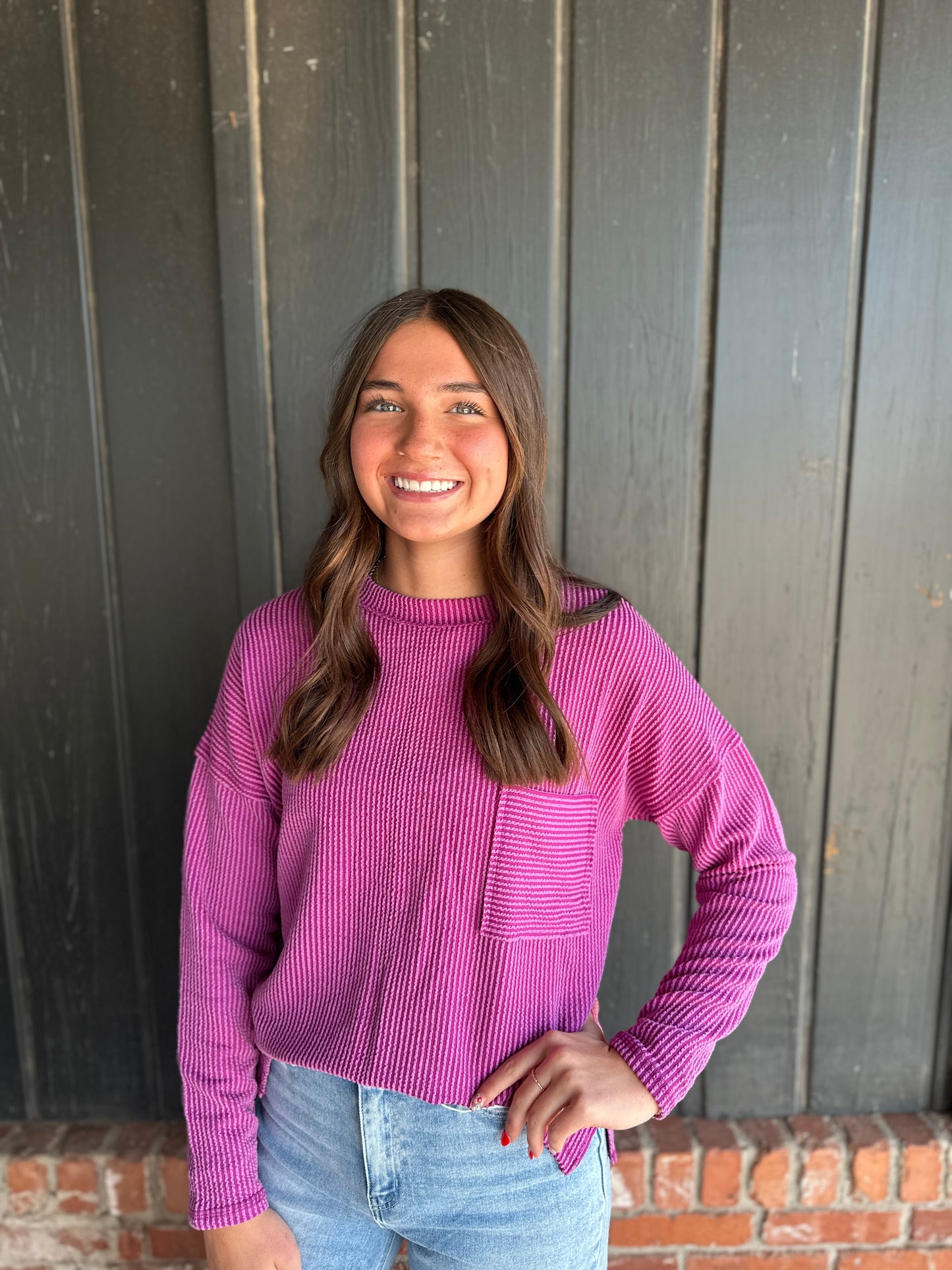 Plum Ribbed long sleeve pocket top