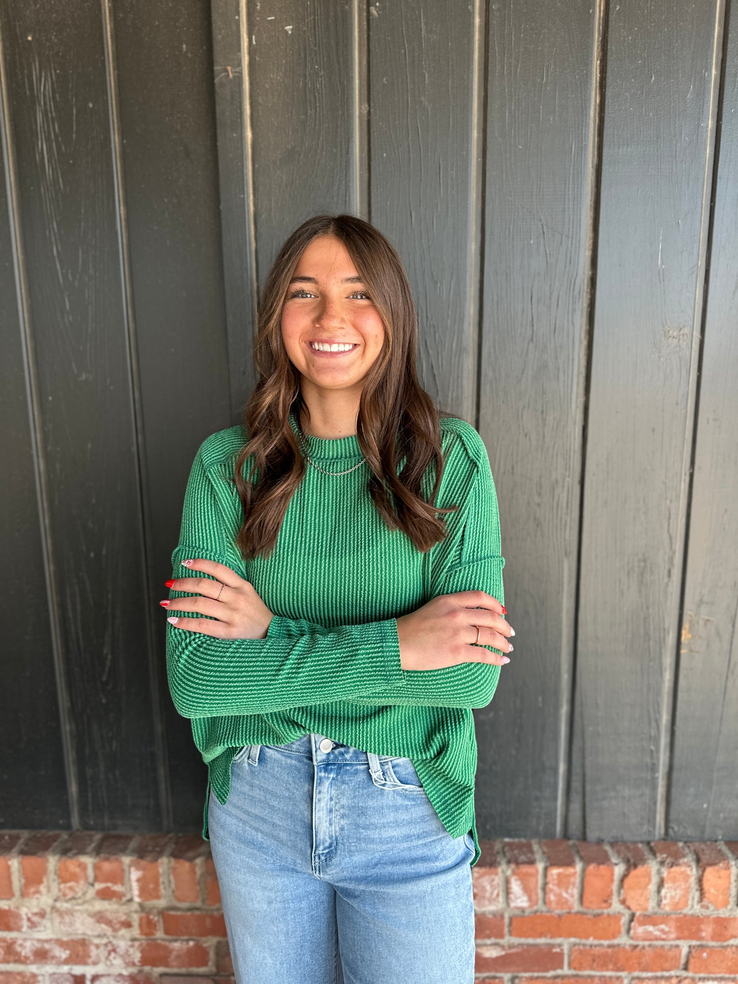 Kelly Green Ribbed Long Sleeve Top