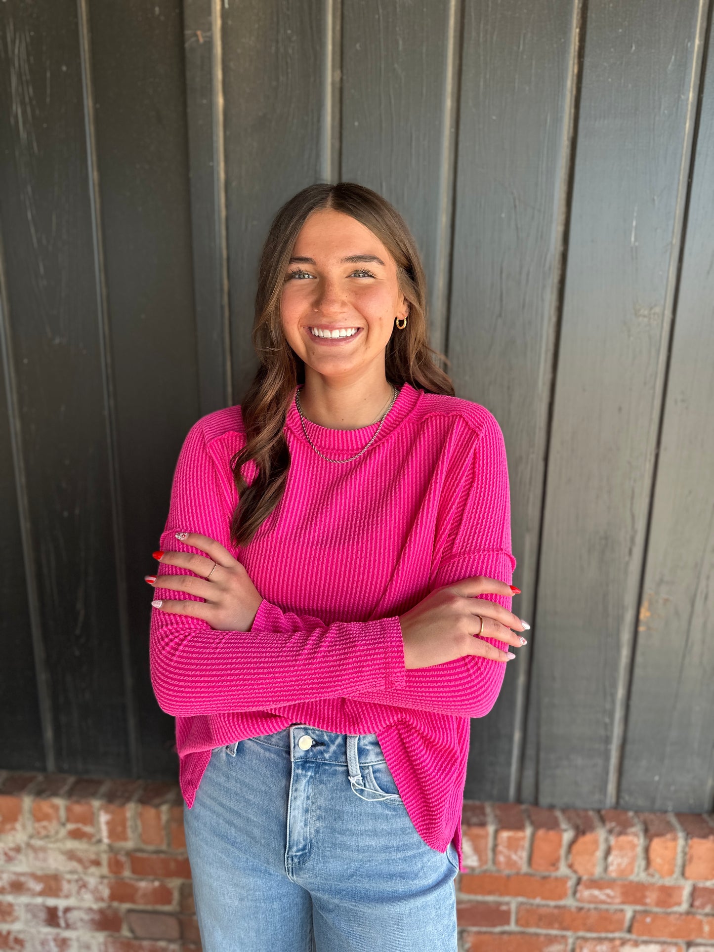 Hot Pink Ribbed Long Sleeve Top
