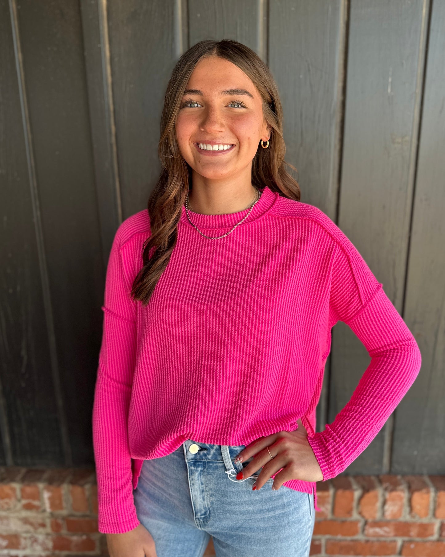 Hot Pink Ribbed Long Sleeve Top