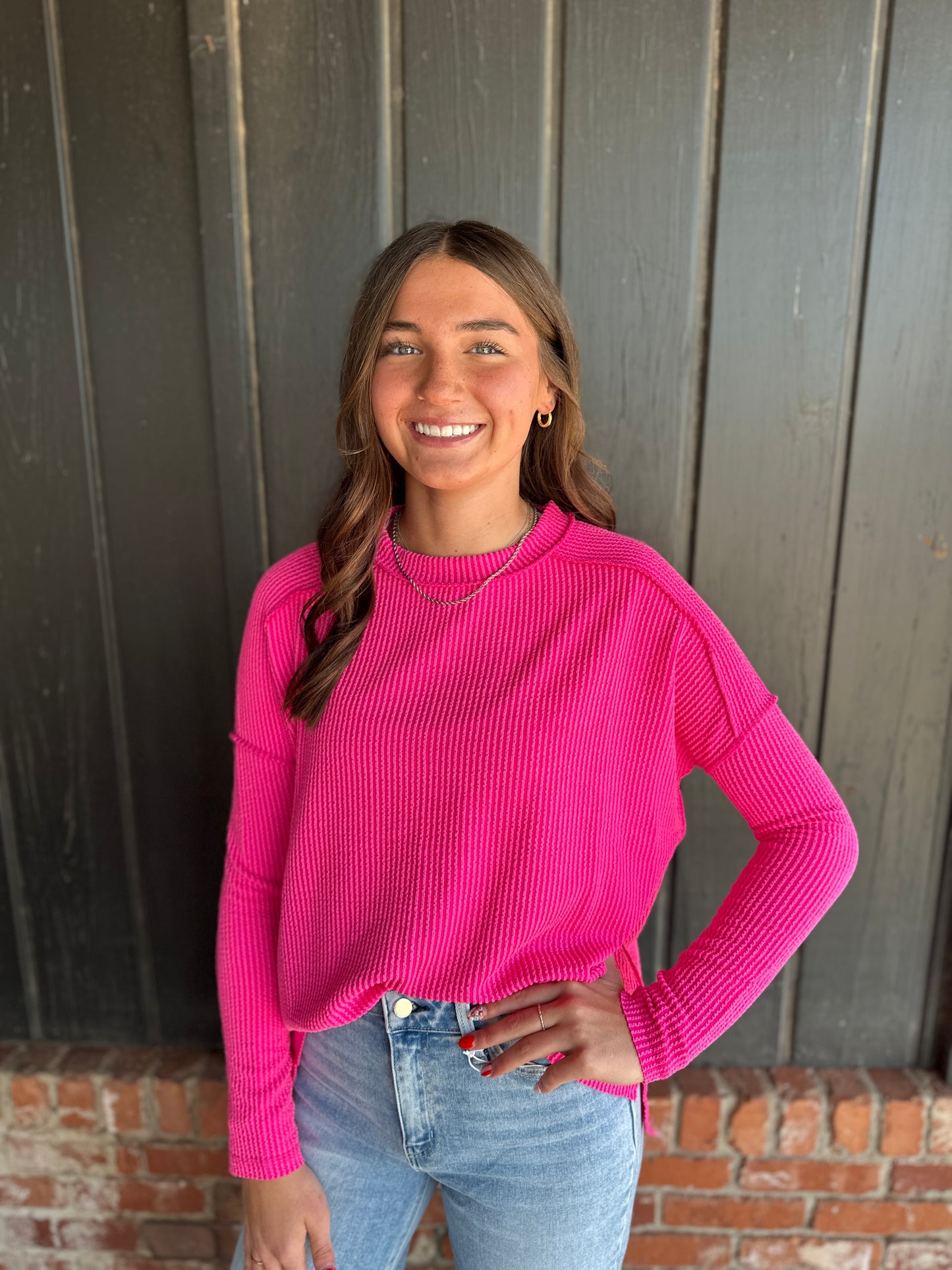 Hot Pink Ribbed Long Sleeve Top