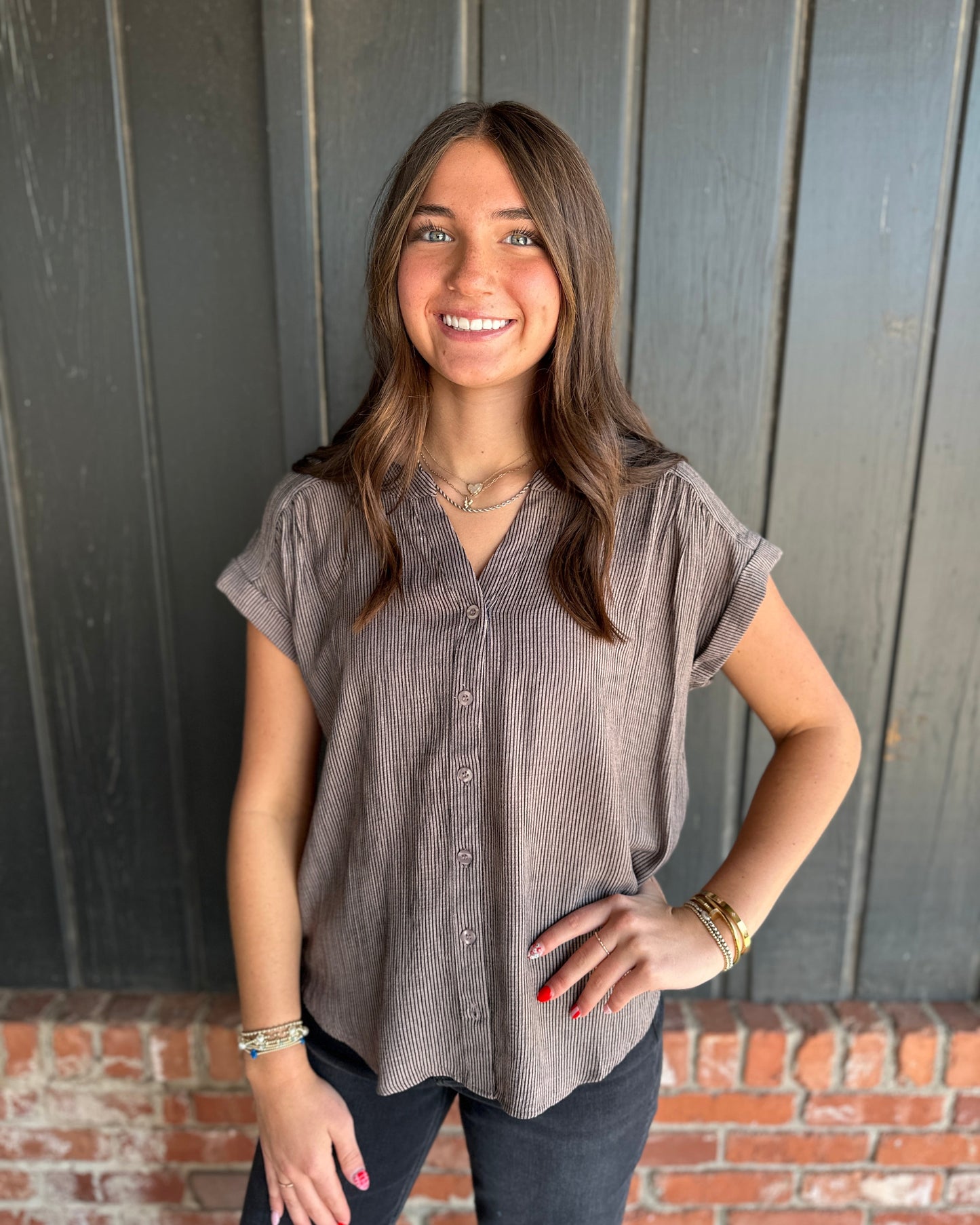 Mocha Pinstripe Short Cuff Sleeve Button Down Shirt