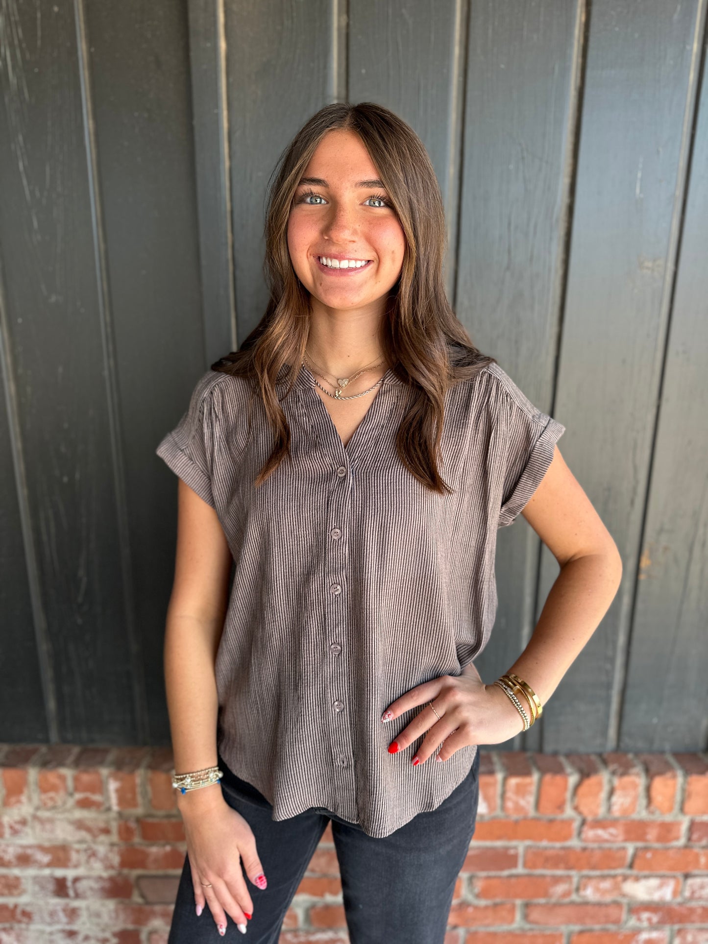 Mocha Pinstripe Short Cuff Sleeve Button Down Shirt