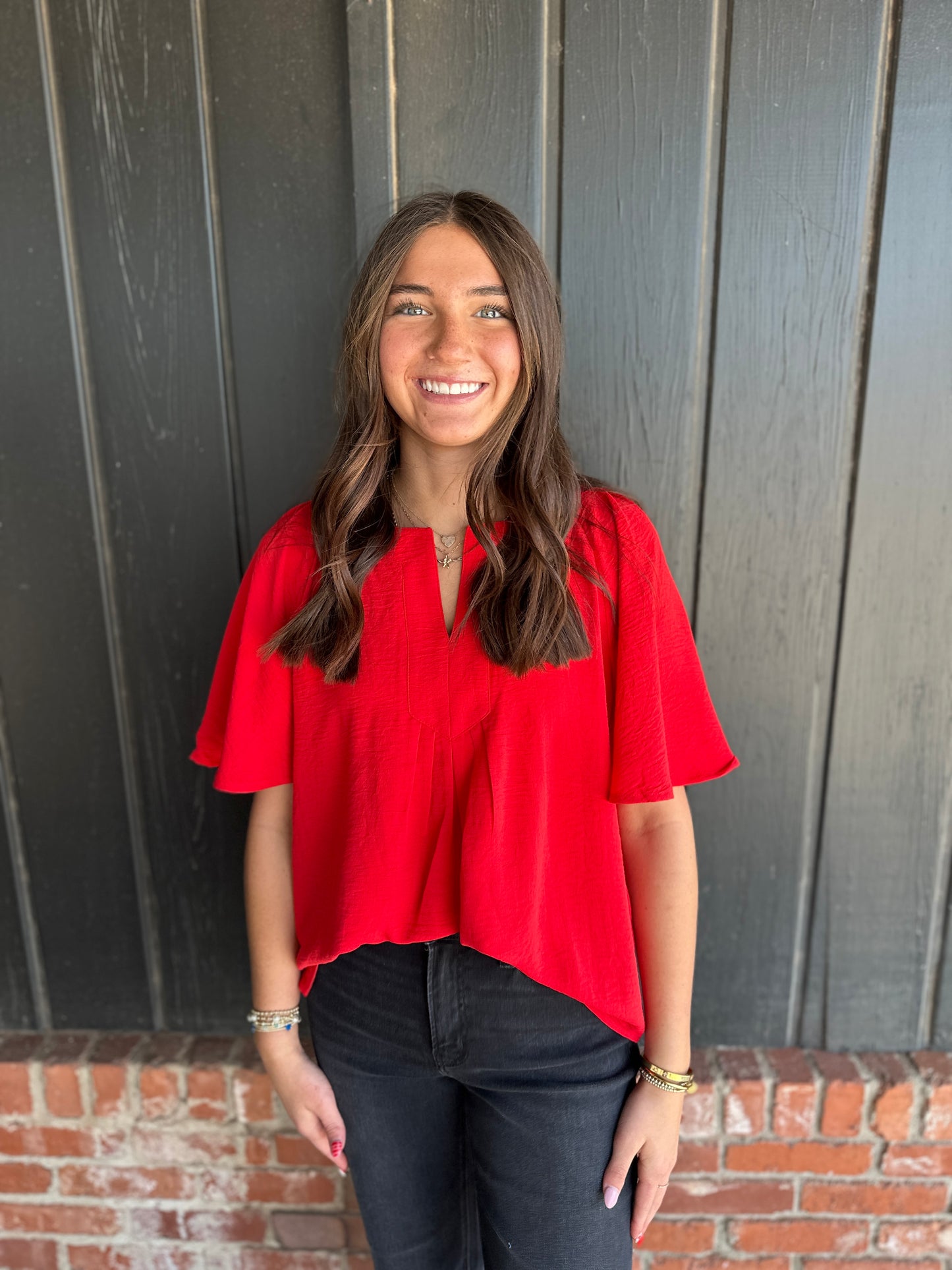 Red Slit Neck, Cape Sleeve Top