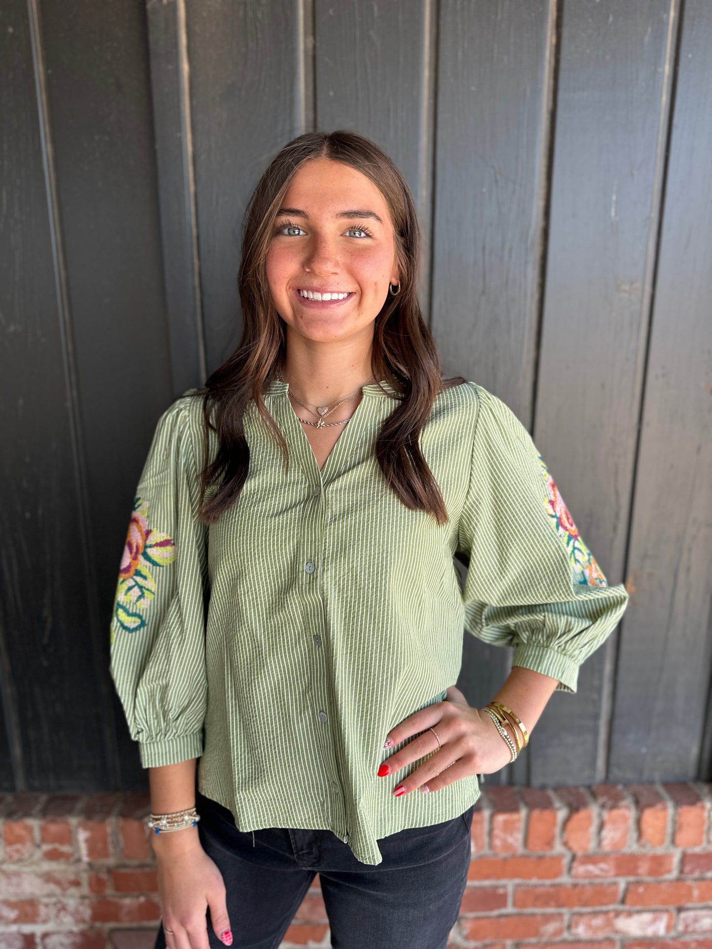 Olive Puff Sleeve embroidered top