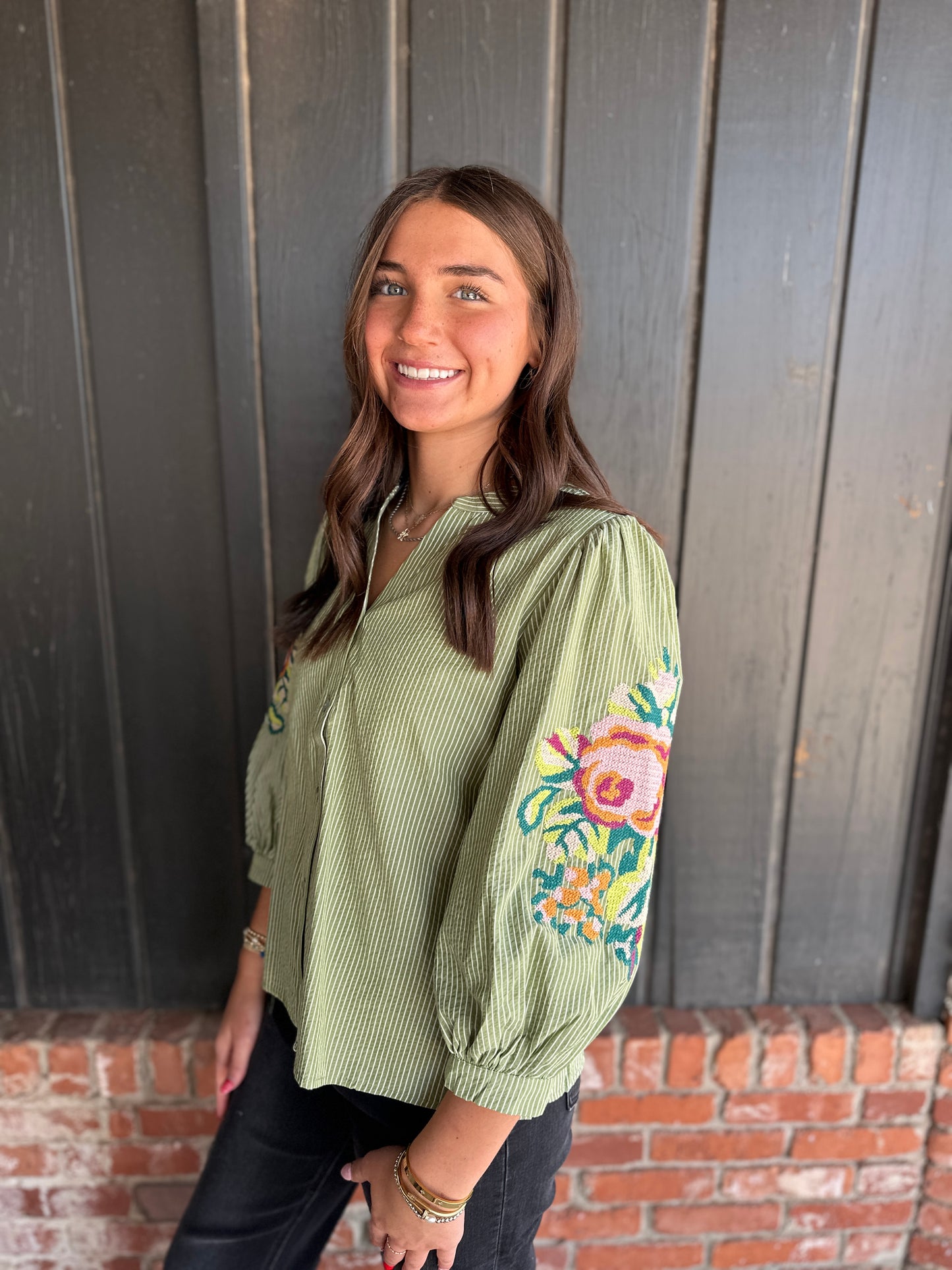 Olive Puff Sleeve embroidered top
