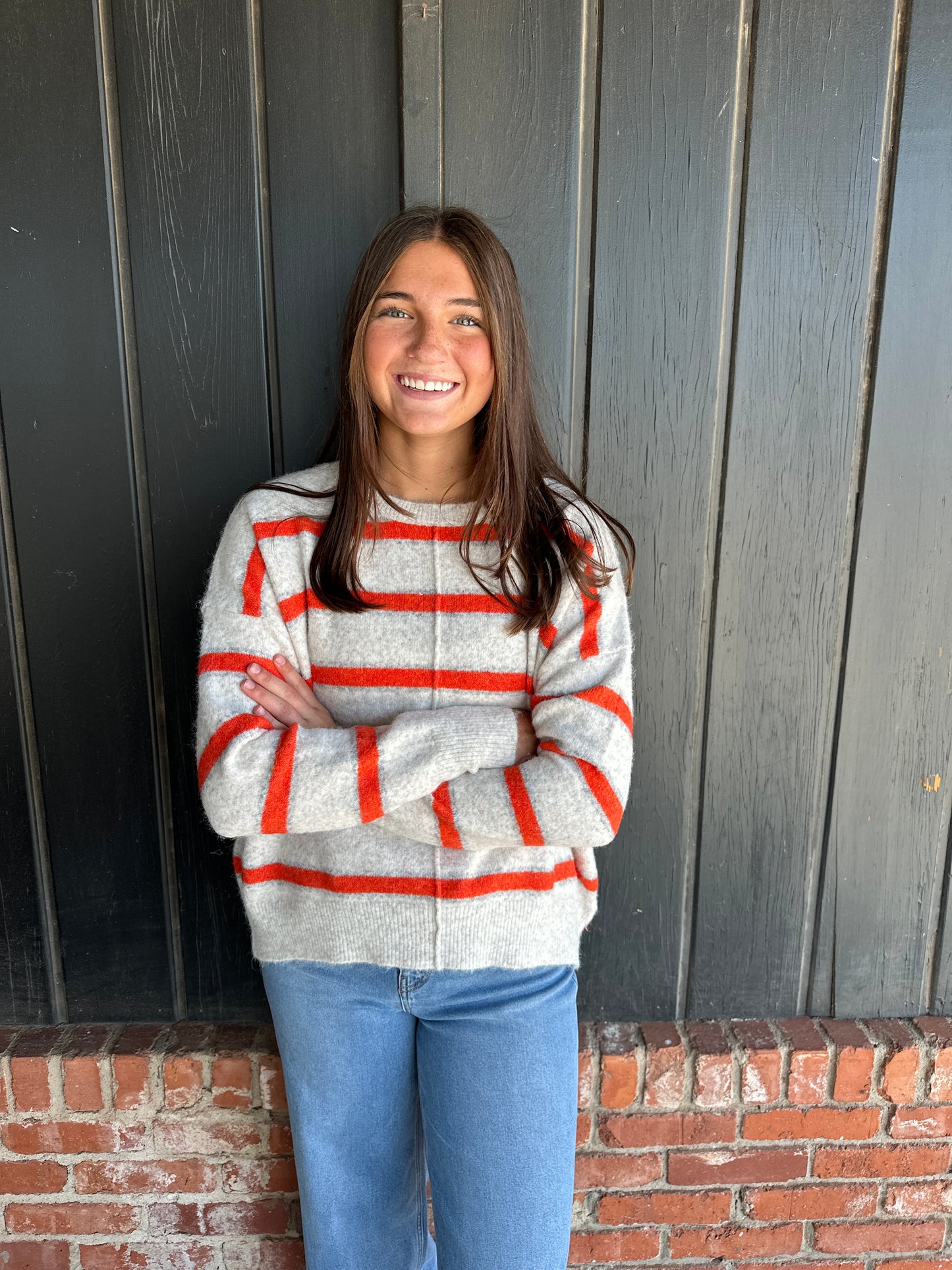 Orange Pintucked Center Striped Sweater