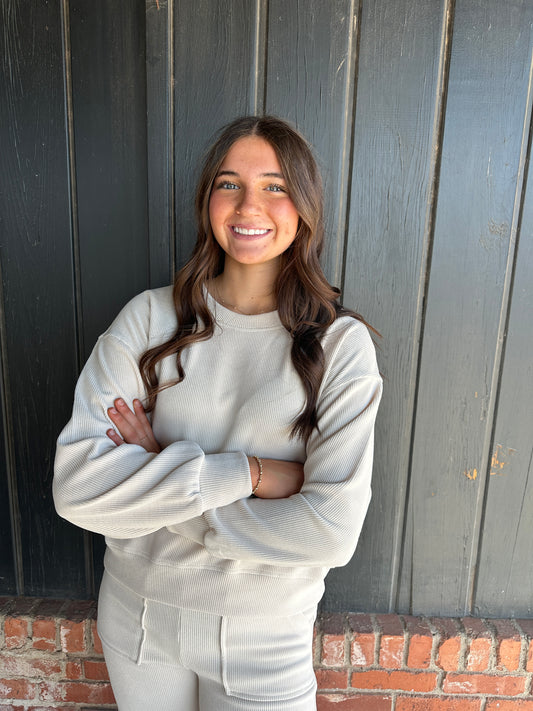Ivory Relaxed Ribbed Corduroy Long Sleeve Top