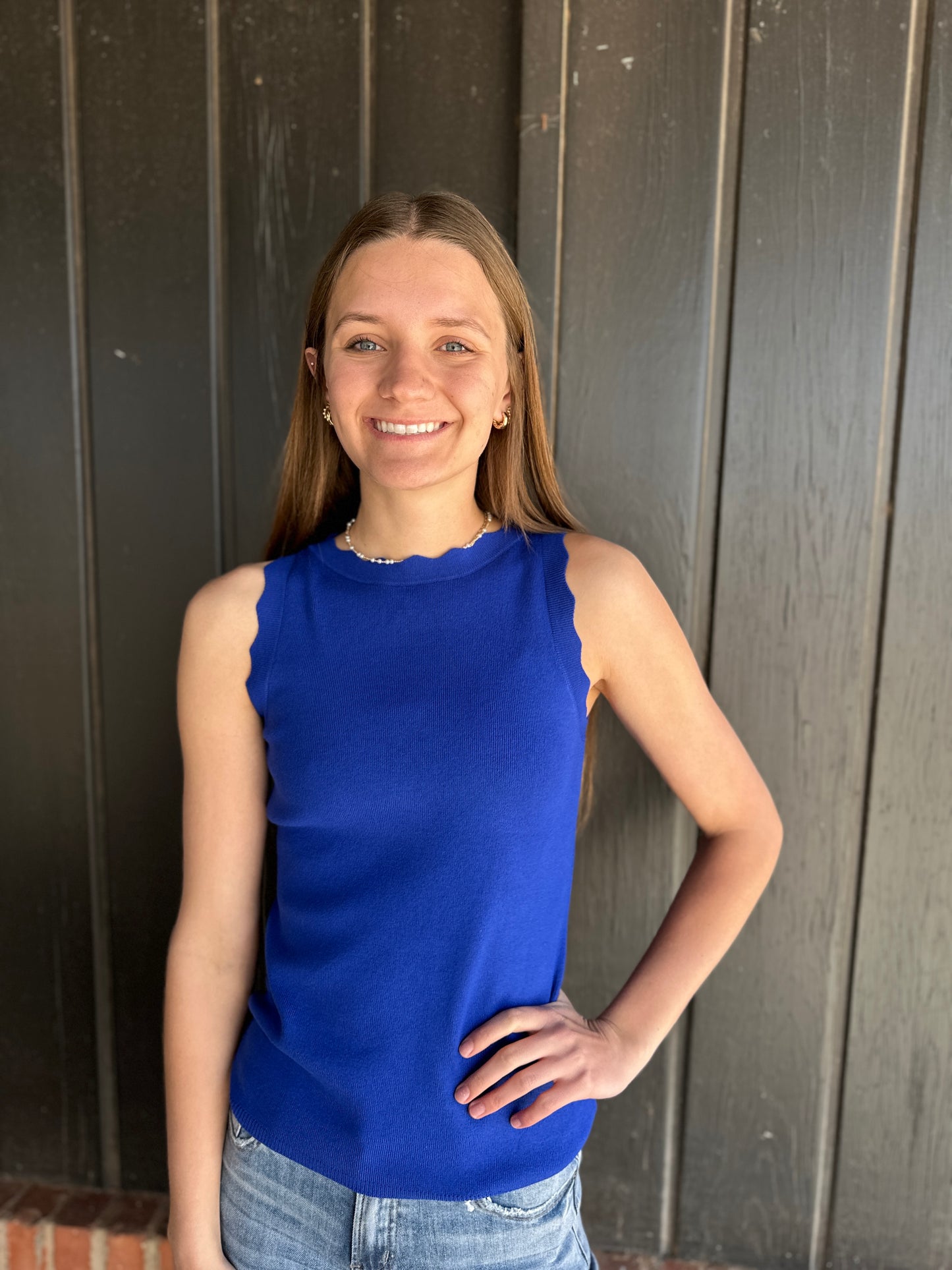 Royal Blue Scallop Finished Sweater Tank Top