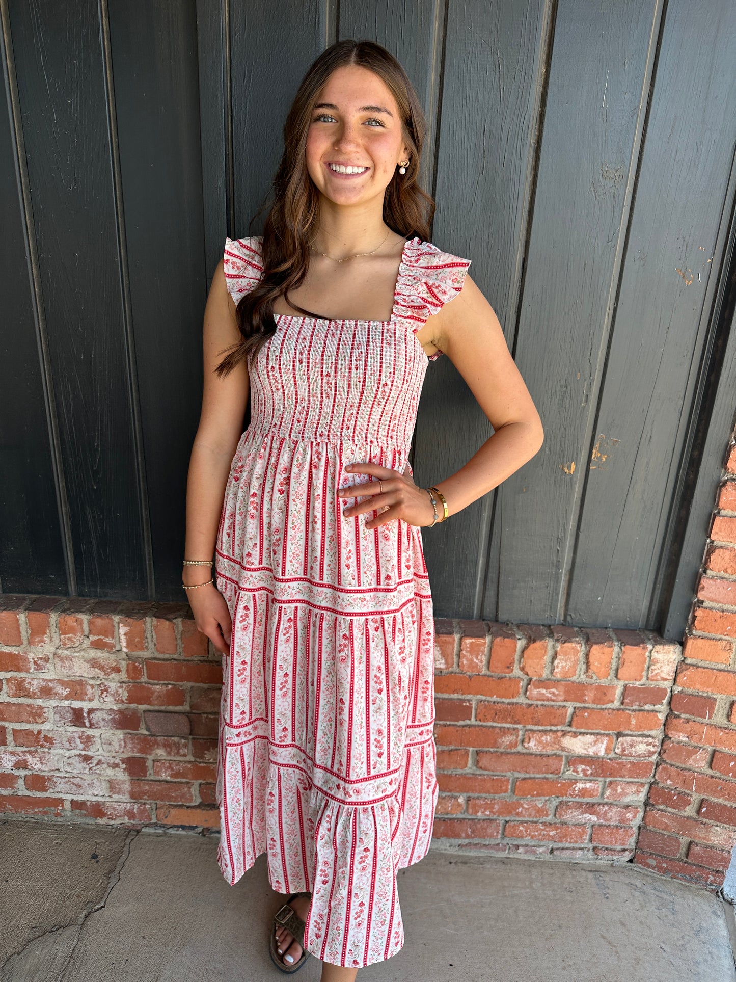 Red Stripe Floral Pattern Smocked Dress