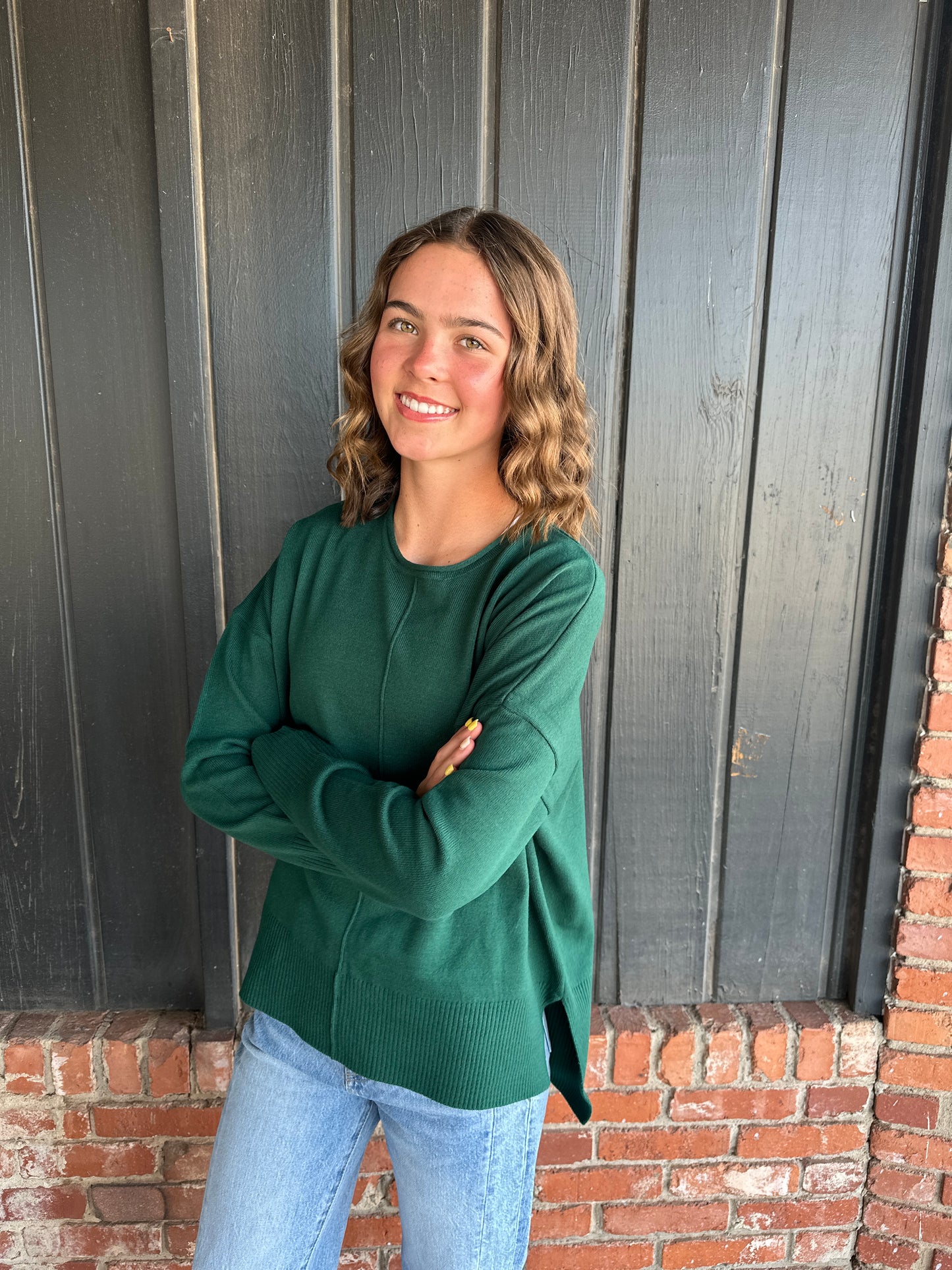 Hunter Green Roll Neck Drop Shoulder Sweater