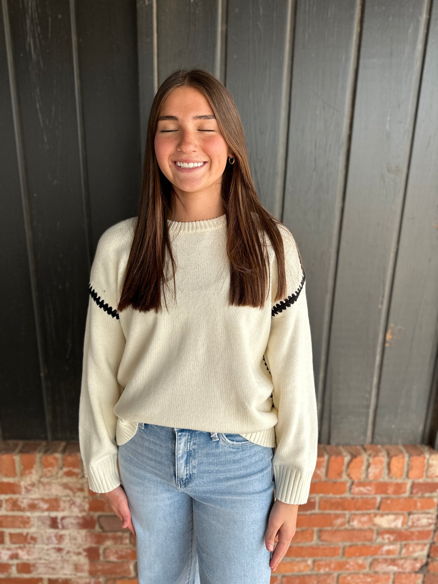 Black Trimmed Crewneck Sweater Top