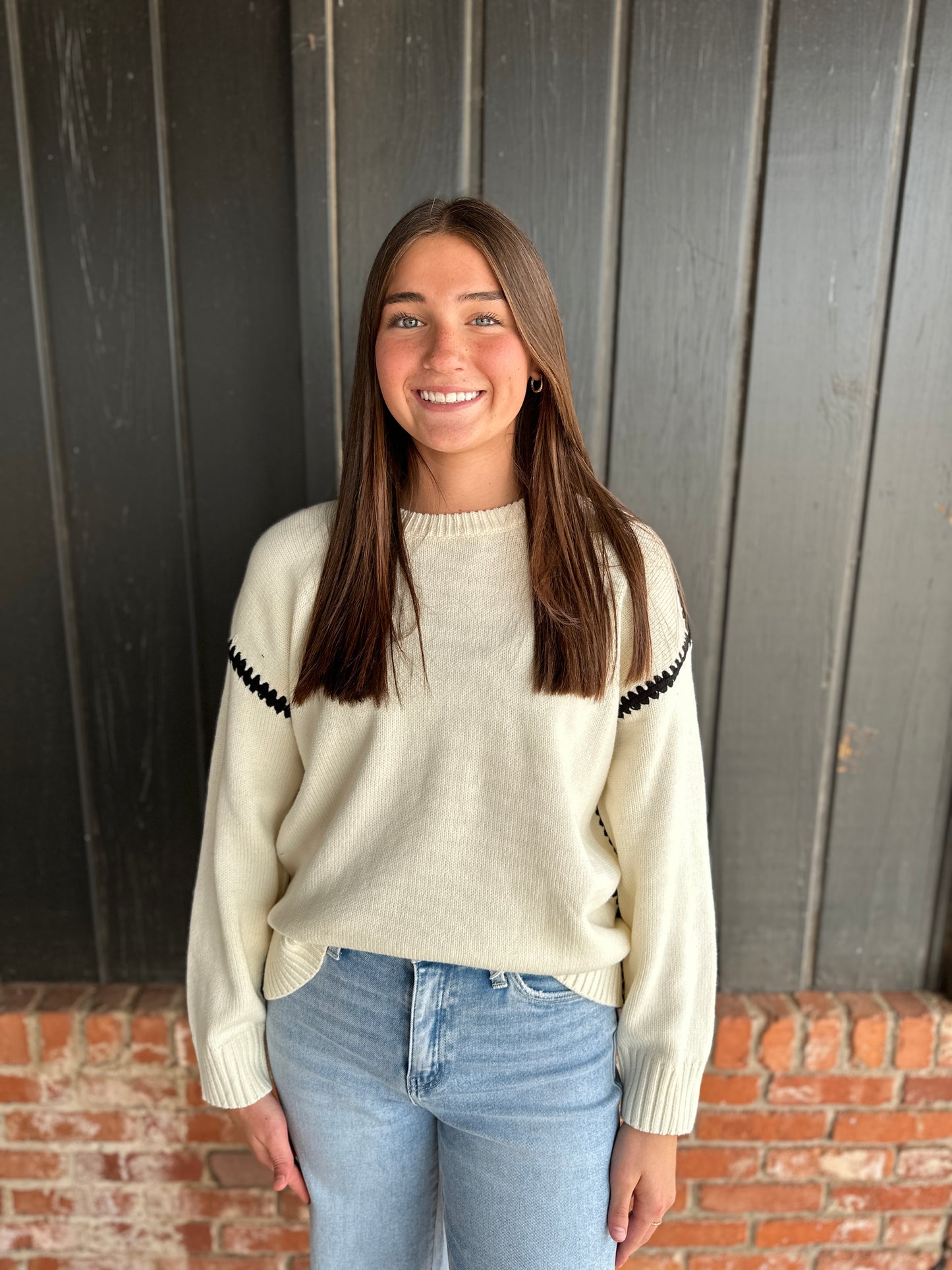 Black Trimmed Crewneck Sweater Top