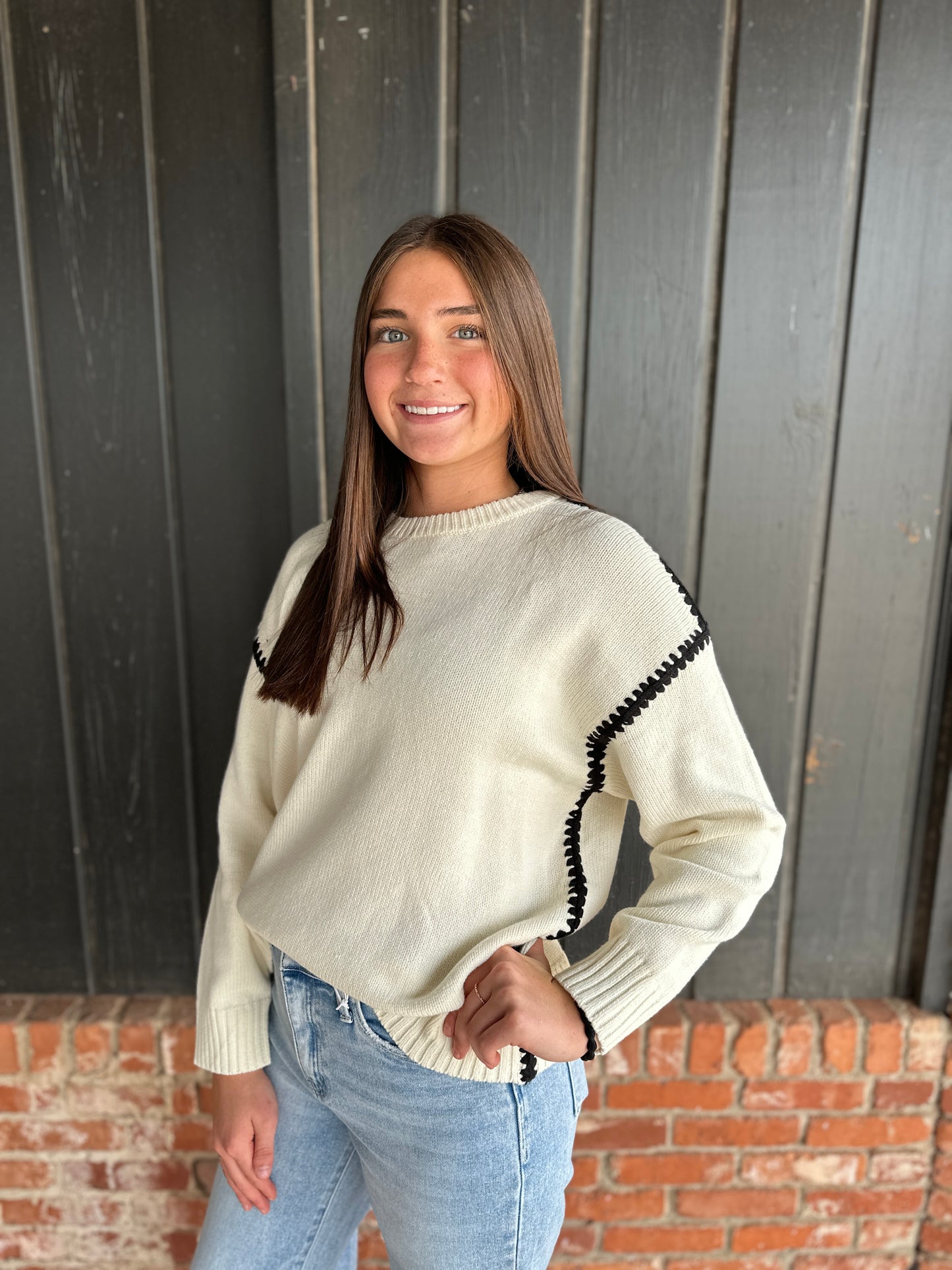 Black Trimmed Crewneck Sweater Top