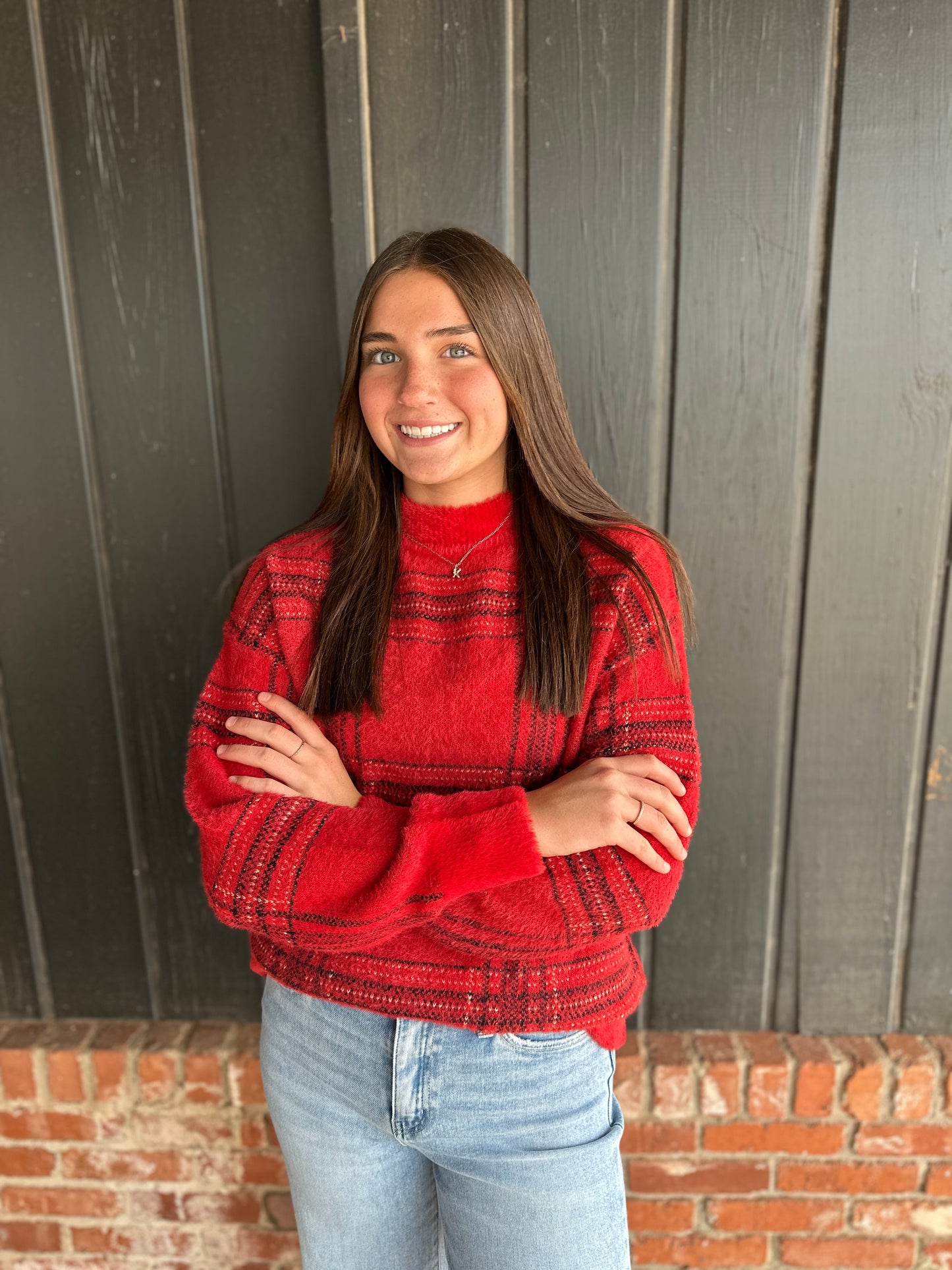 Red Eyelash Plaid Sweater