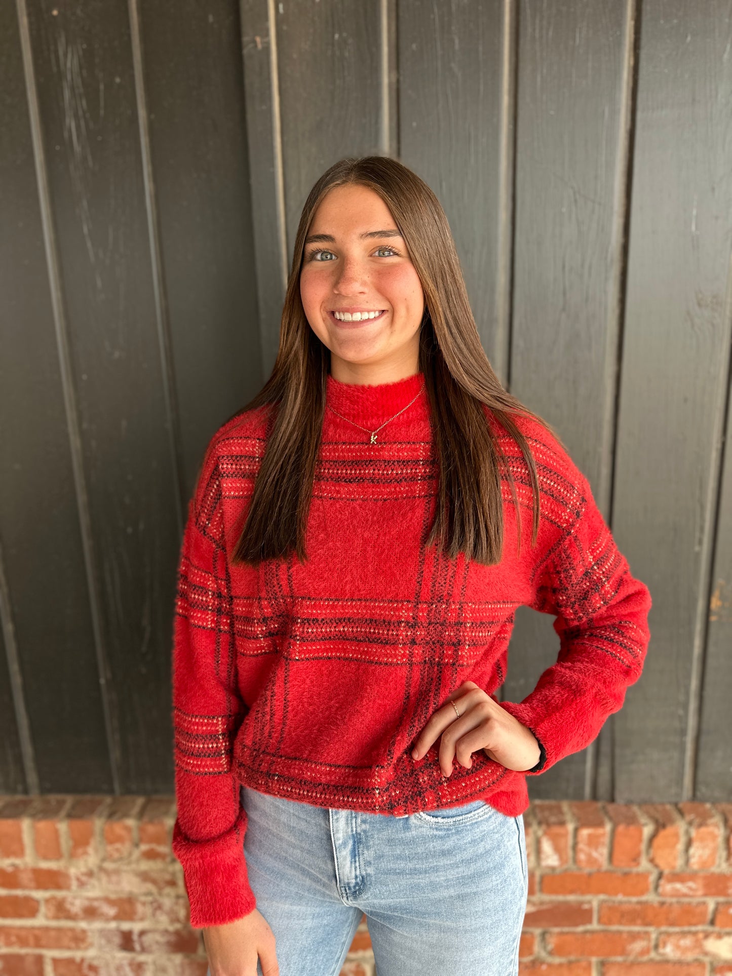 Red Eyelash Plaid Sweater