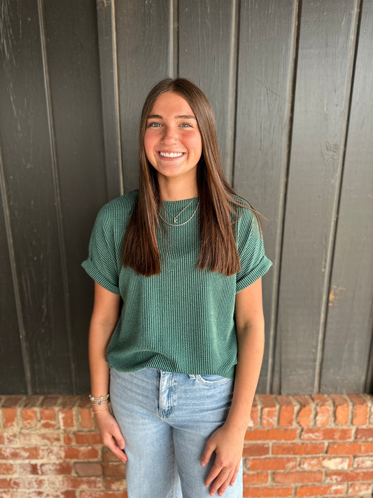 Hunter Green Solid Ribbed Top