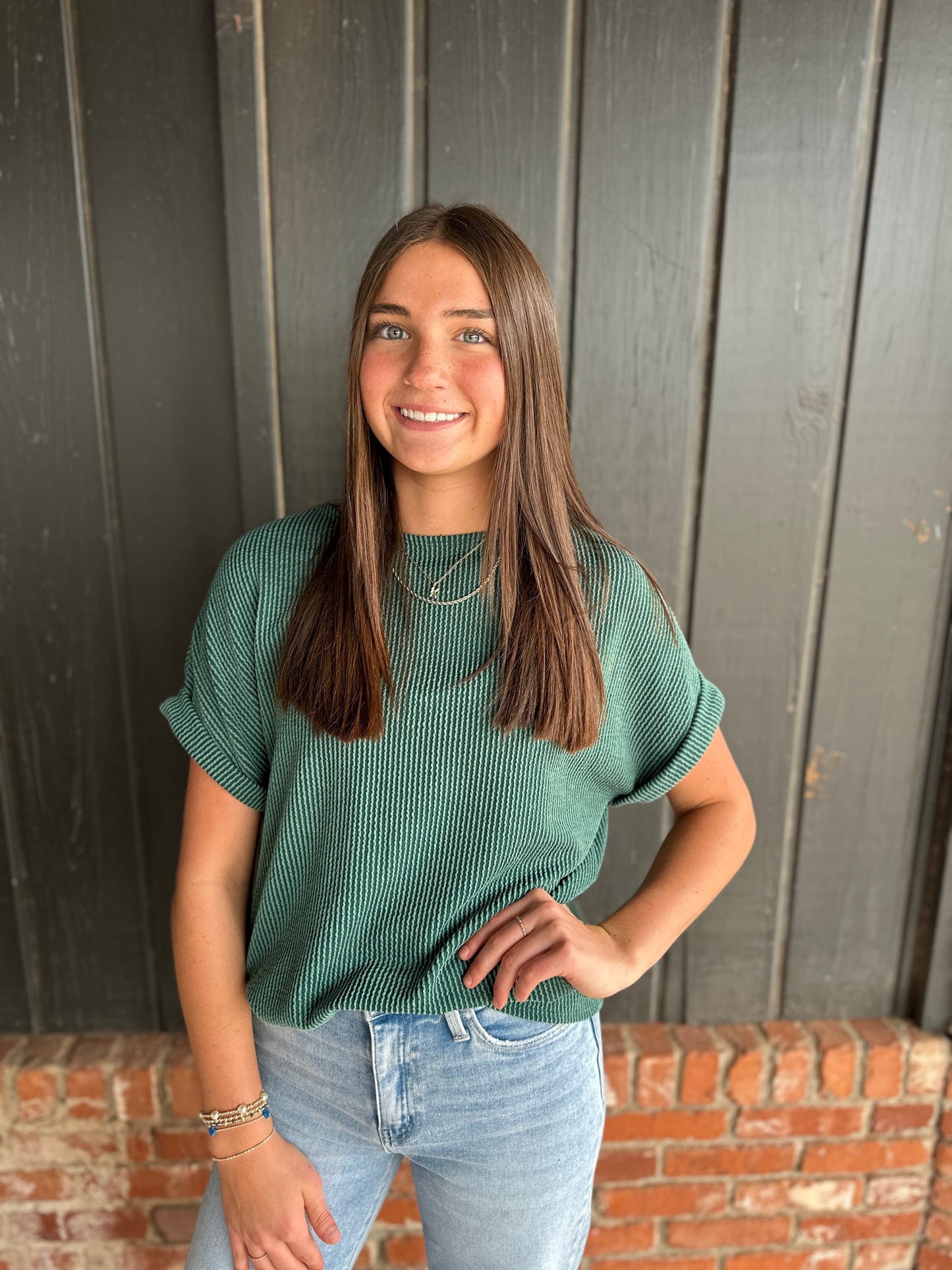 Hunter Green Solid Ribbed Top