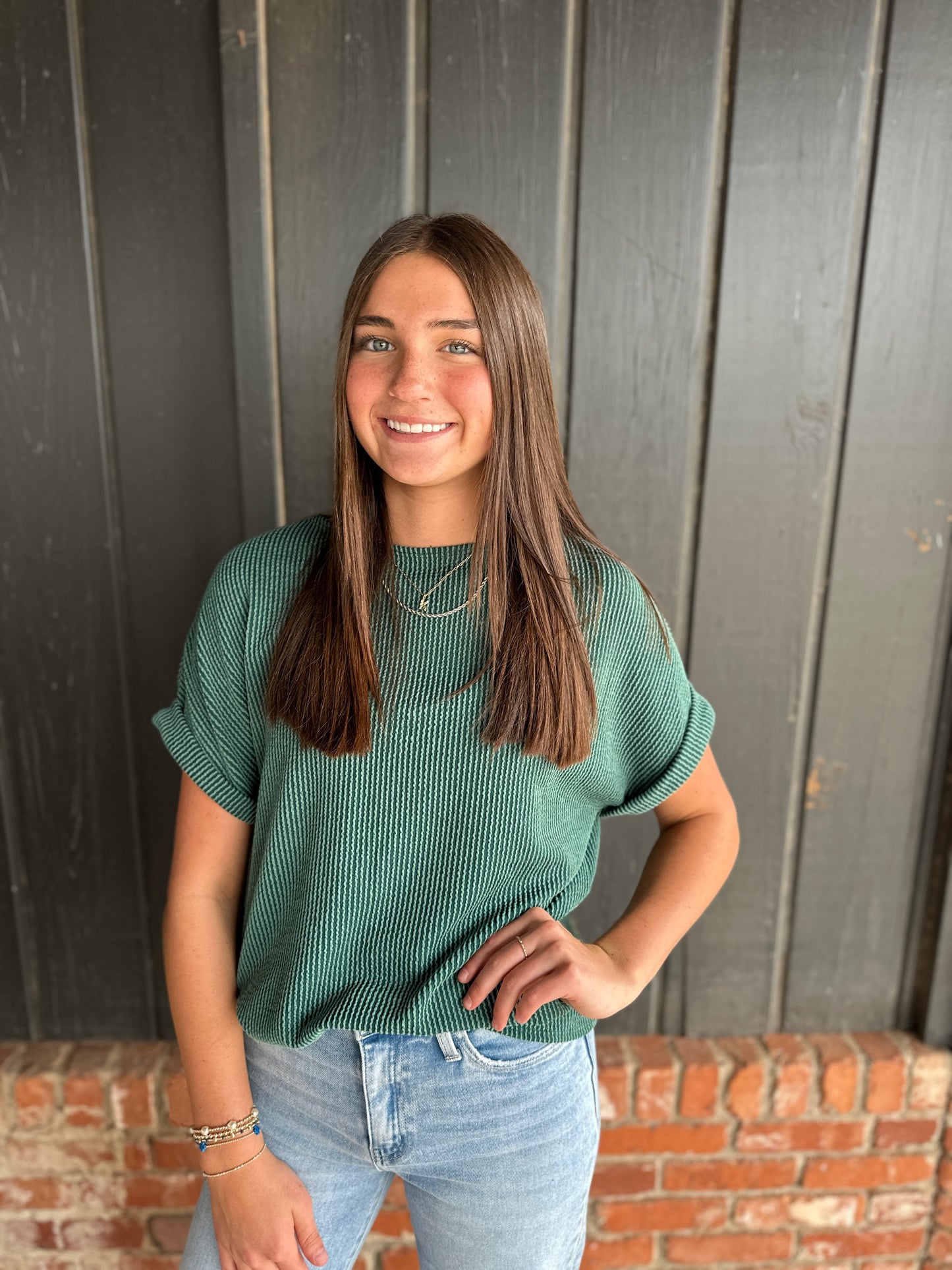 Hunter Green Solid Ribbed Top
