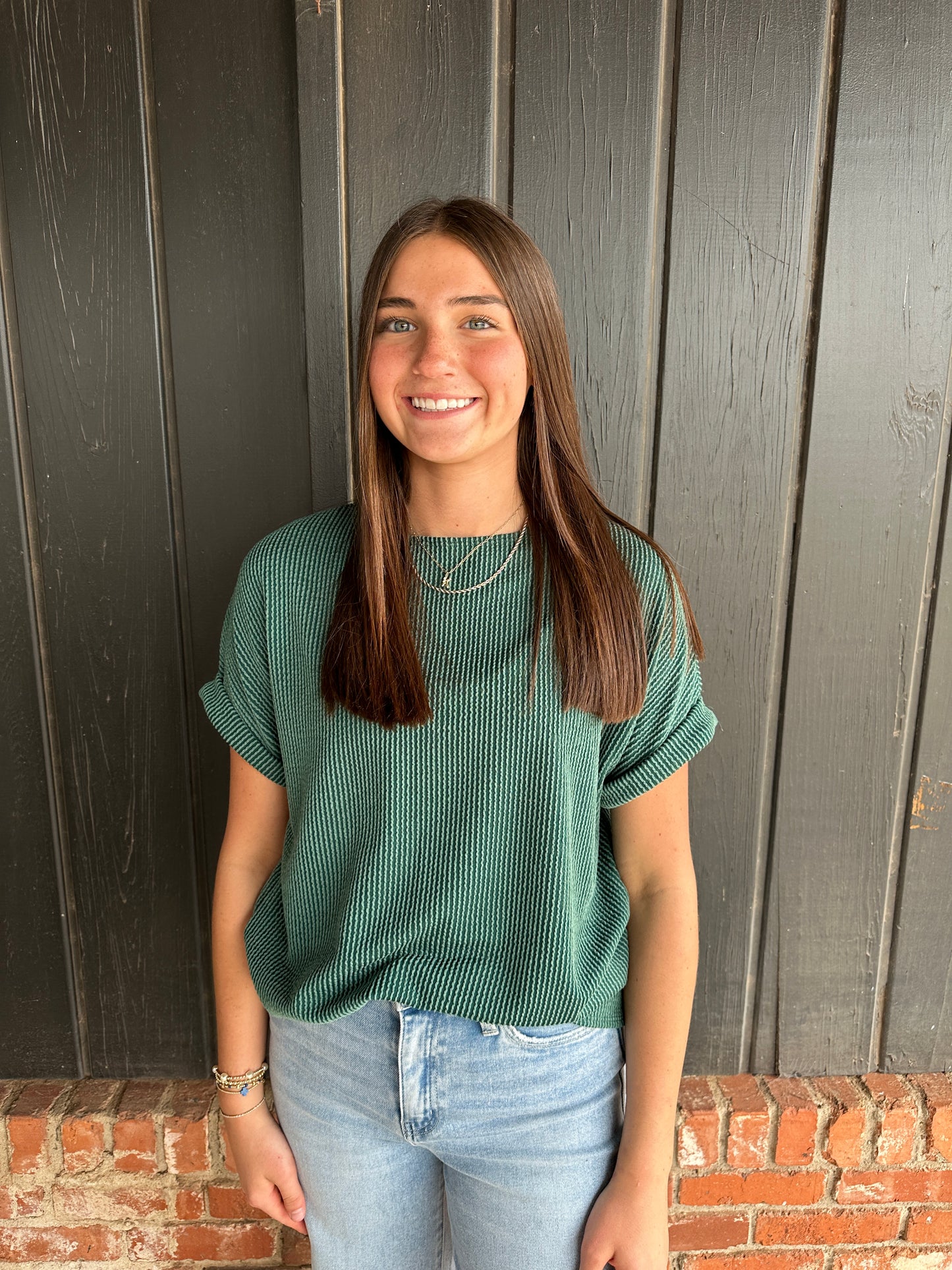 Hunter Green Solid Ribbed Top