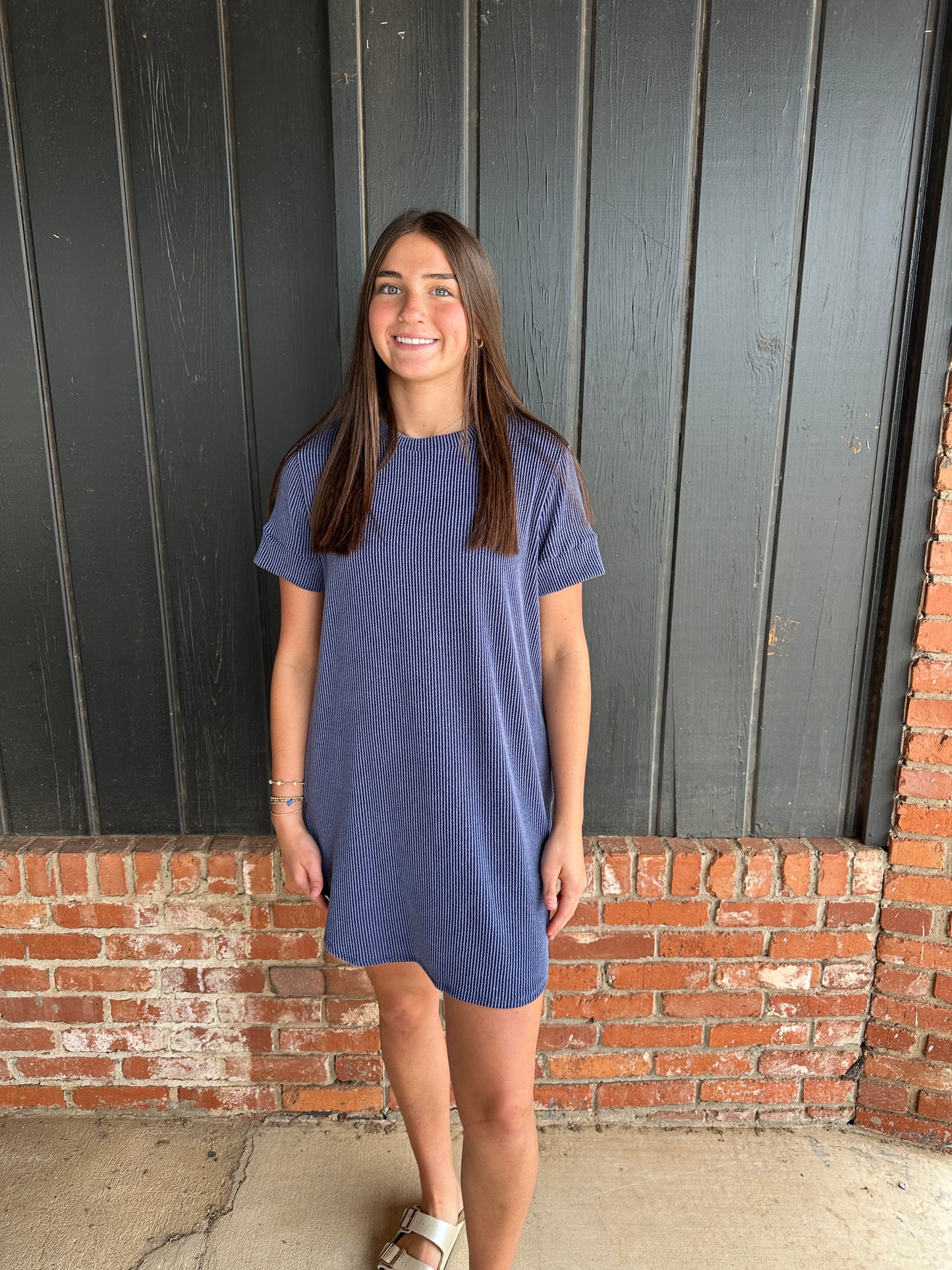 Blue Ribbed Shift Dress