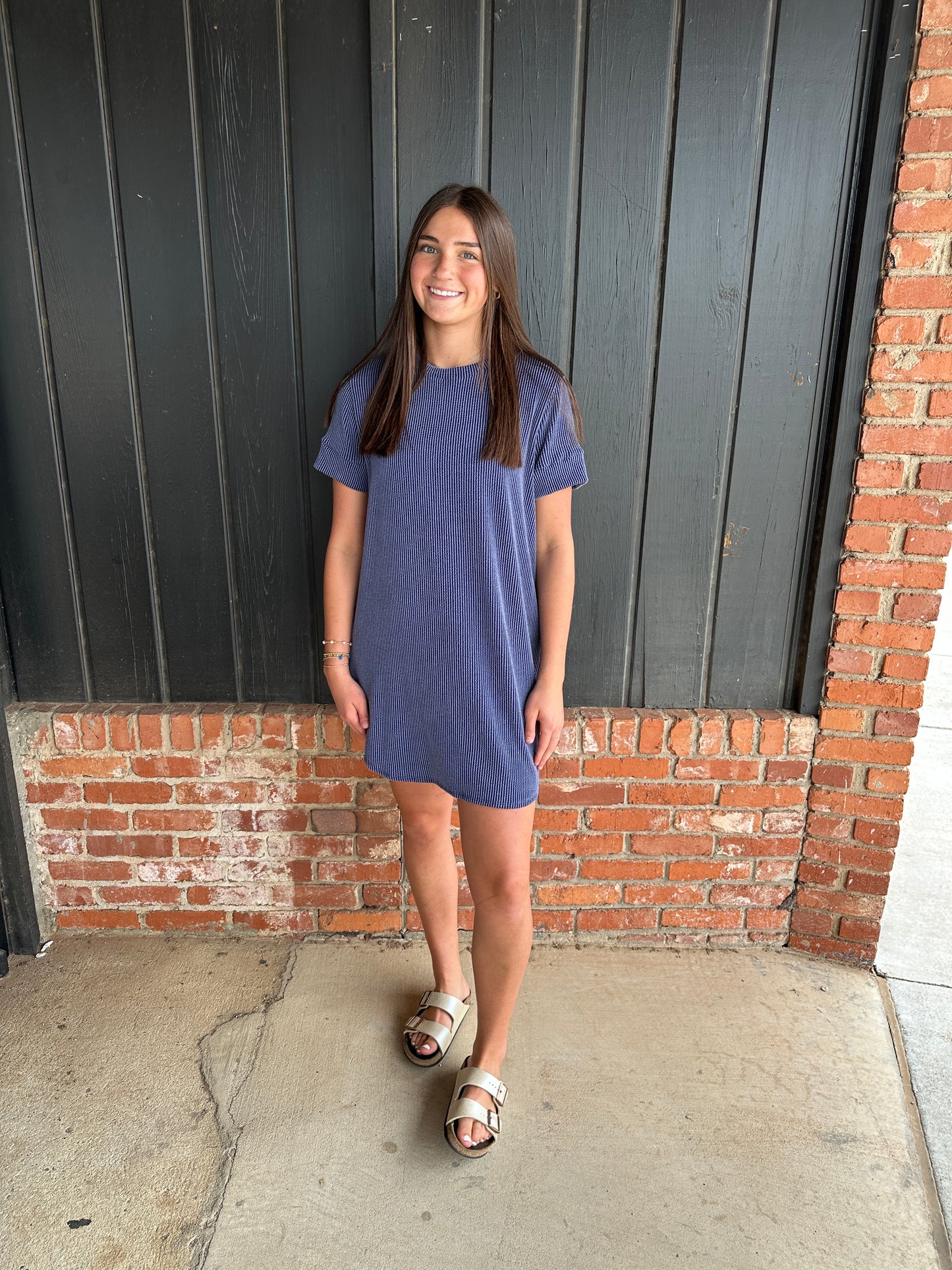 Blue Ribbed Shift Dress