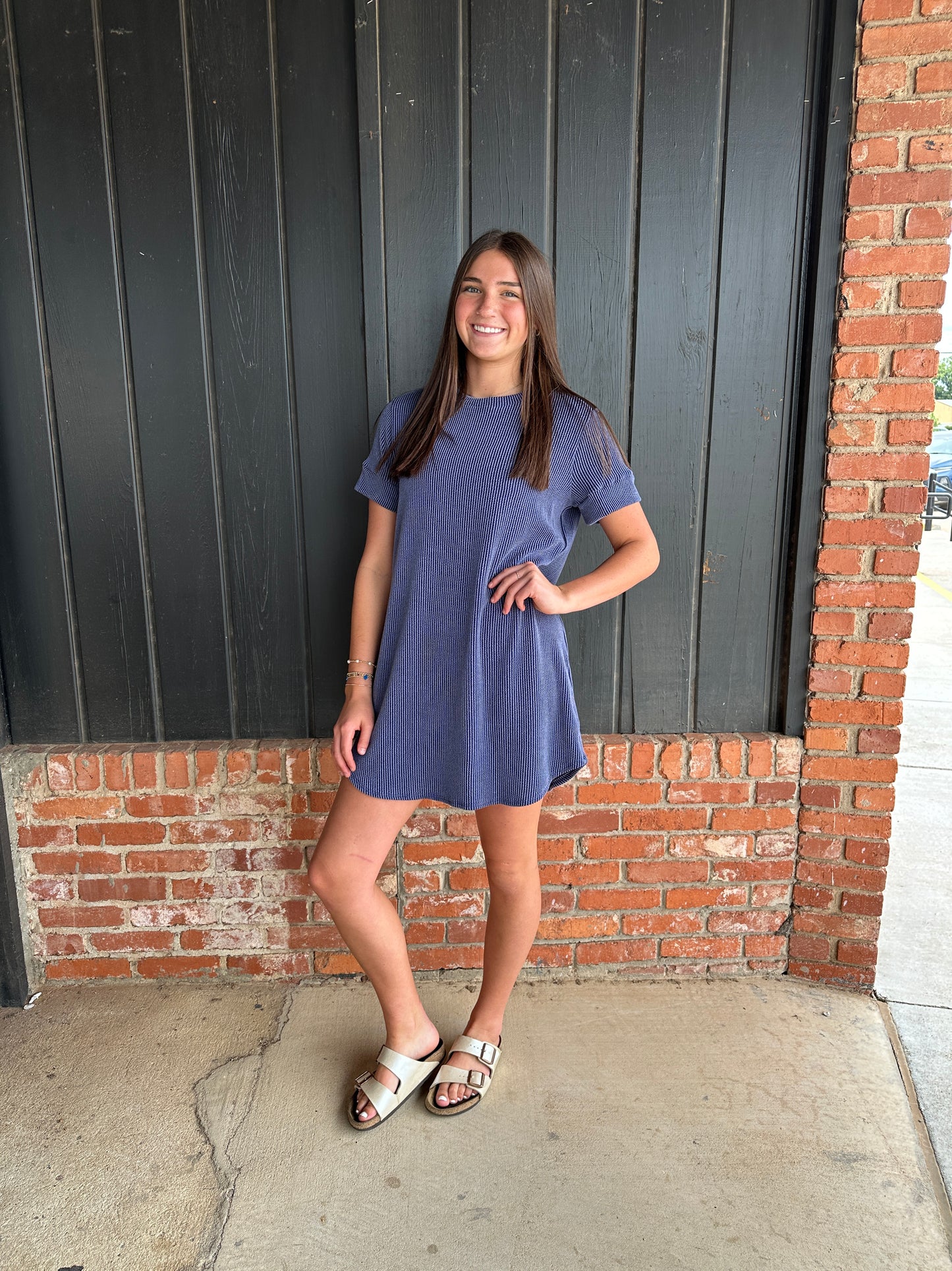 Blue Ribbed Shift Dress