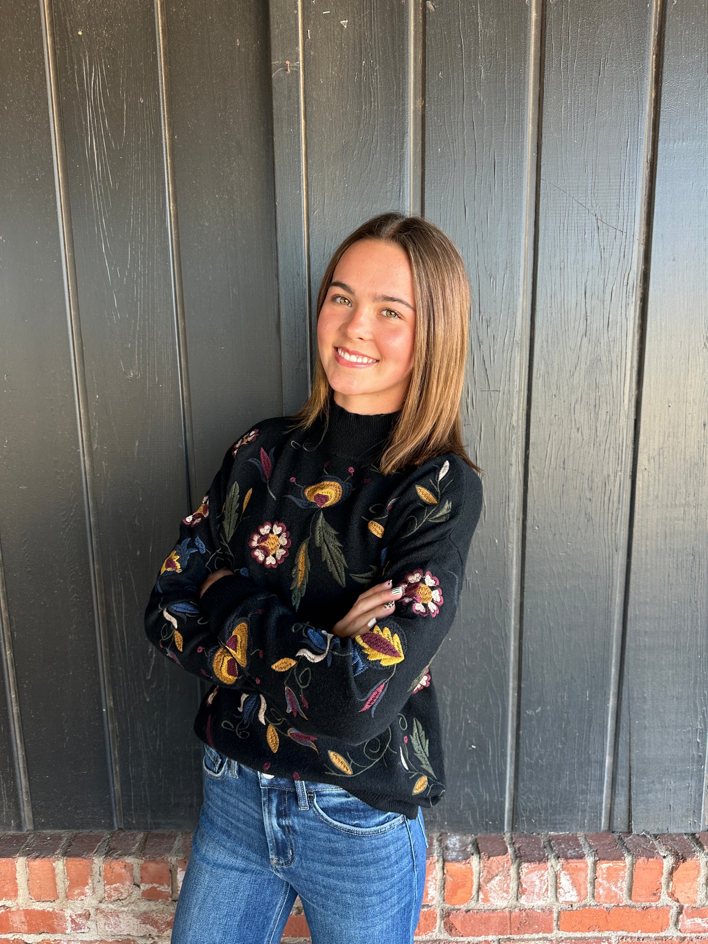 All Over Embroidered Mock Neck Sweater