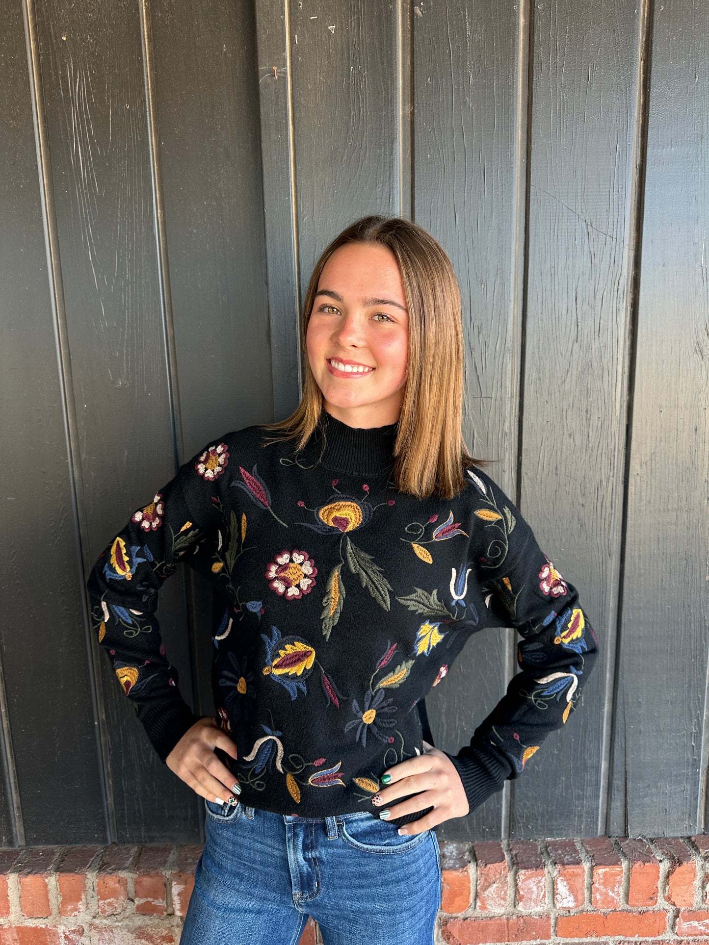 All Over Embroidered Mock Neck Sweater