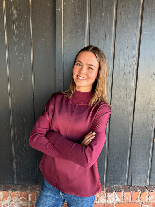 Burgundy Mock Neck Satin Combo Top