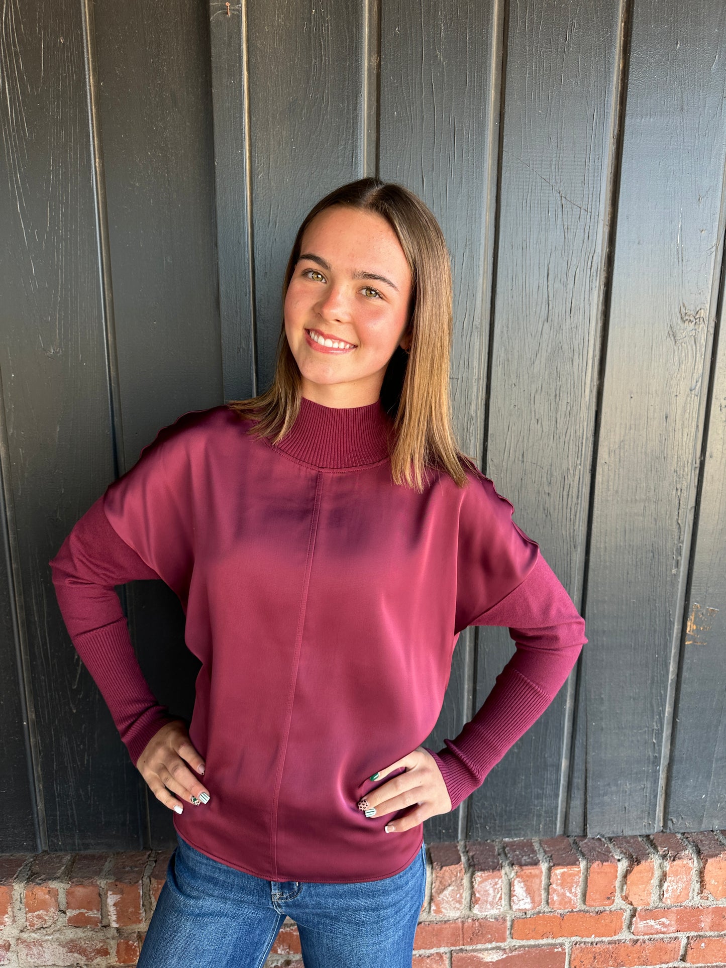Burgundy Mock Neck Satin Combo Top