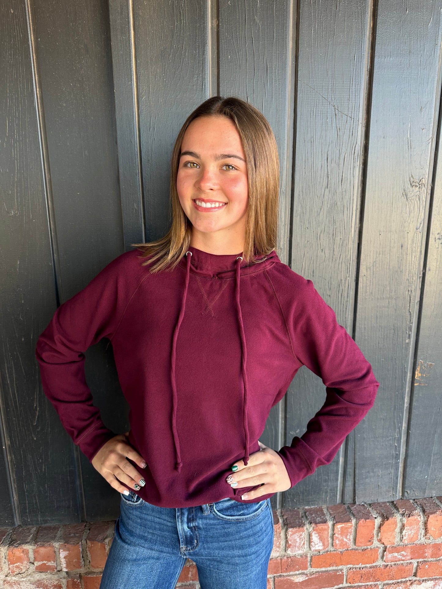 Wine Micro Brushed Pullover Hoodie Top