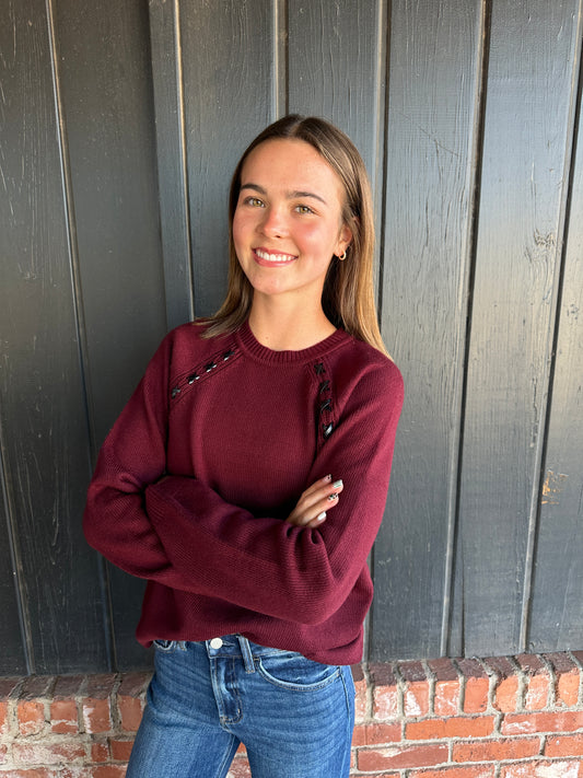 Cabernet Crew Neck Sweater with leather detail